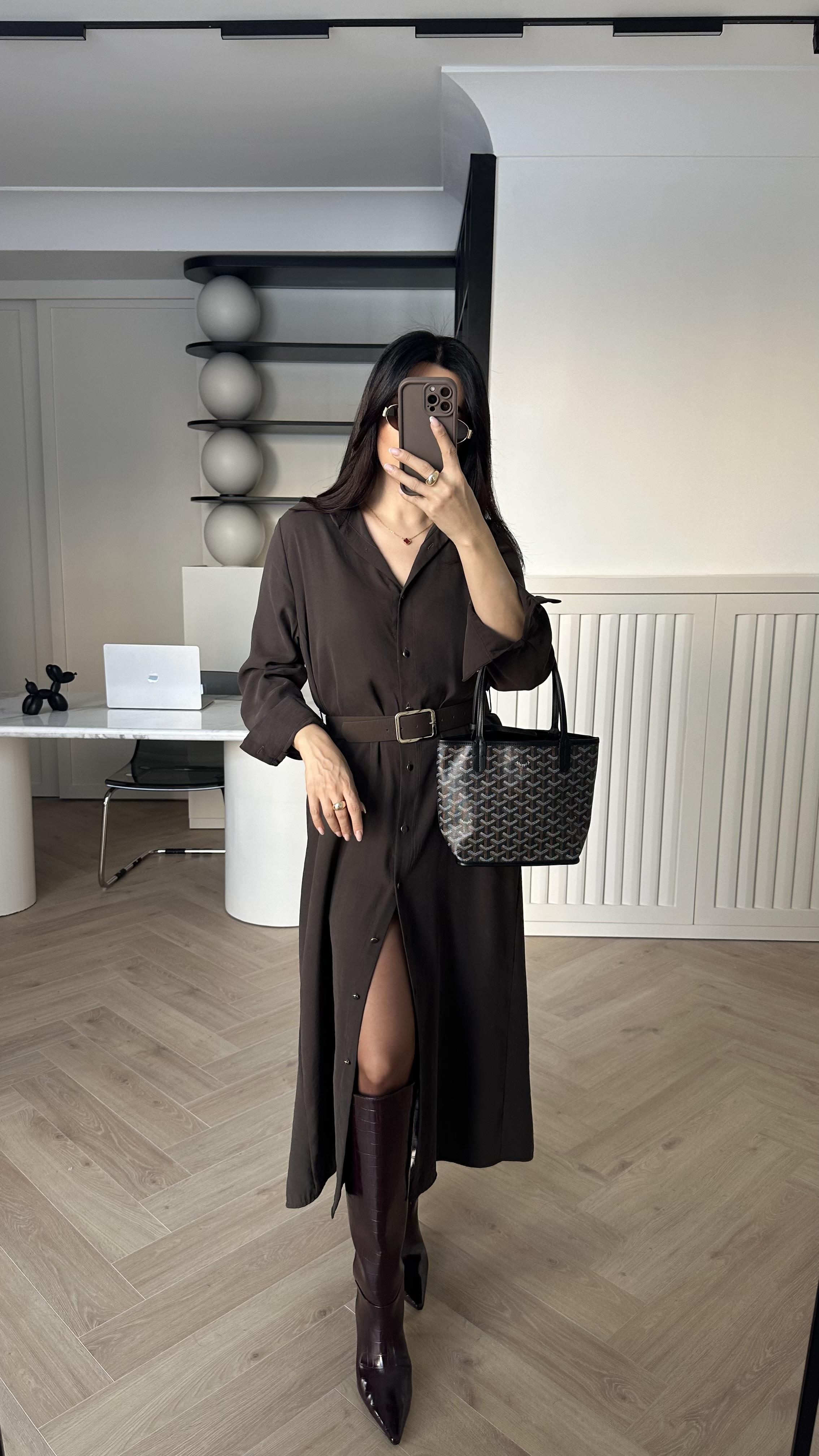 Kahve Sedef Düğmeli Kemerli Gömlek Elbise