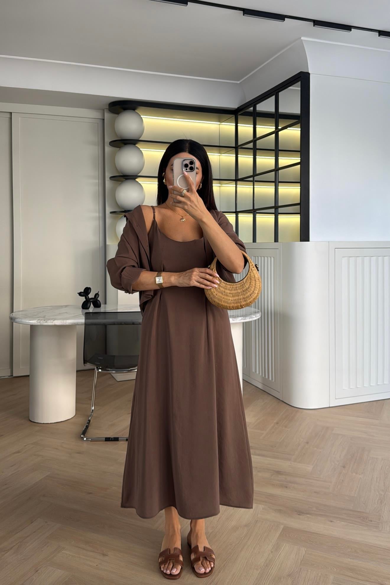 KAHVE TENSEL GÖMLEK DETAY ASKILI ELBİSE