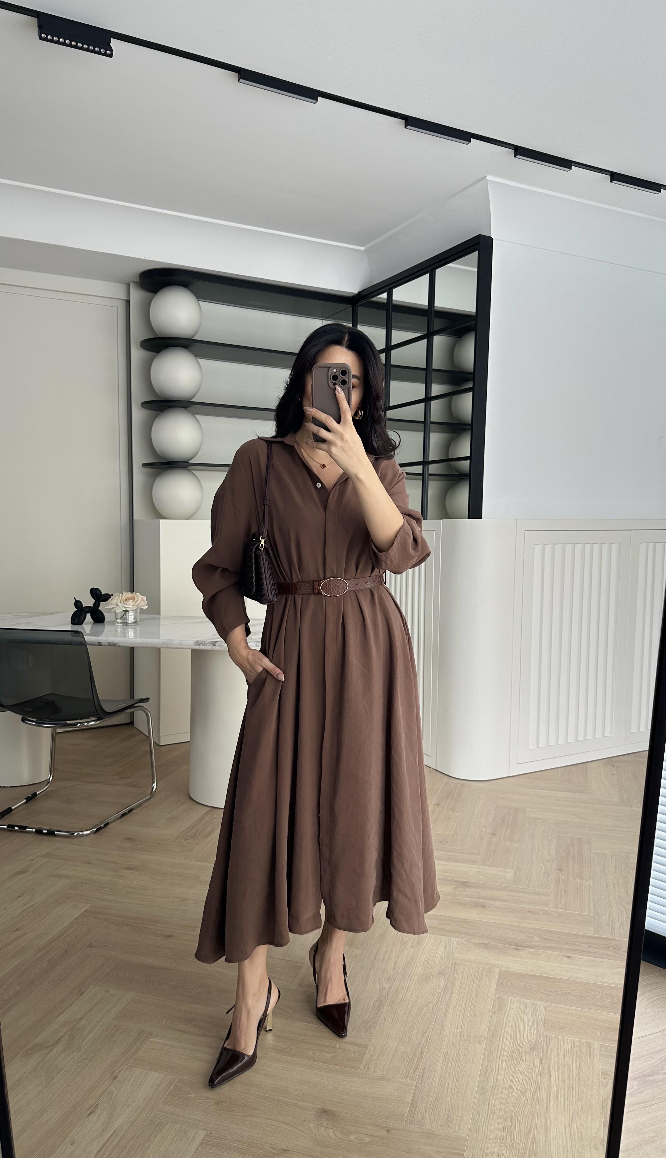 Kahve Tensel Kumaş Cepli Oversize Kemerli Gömlek Elbise 