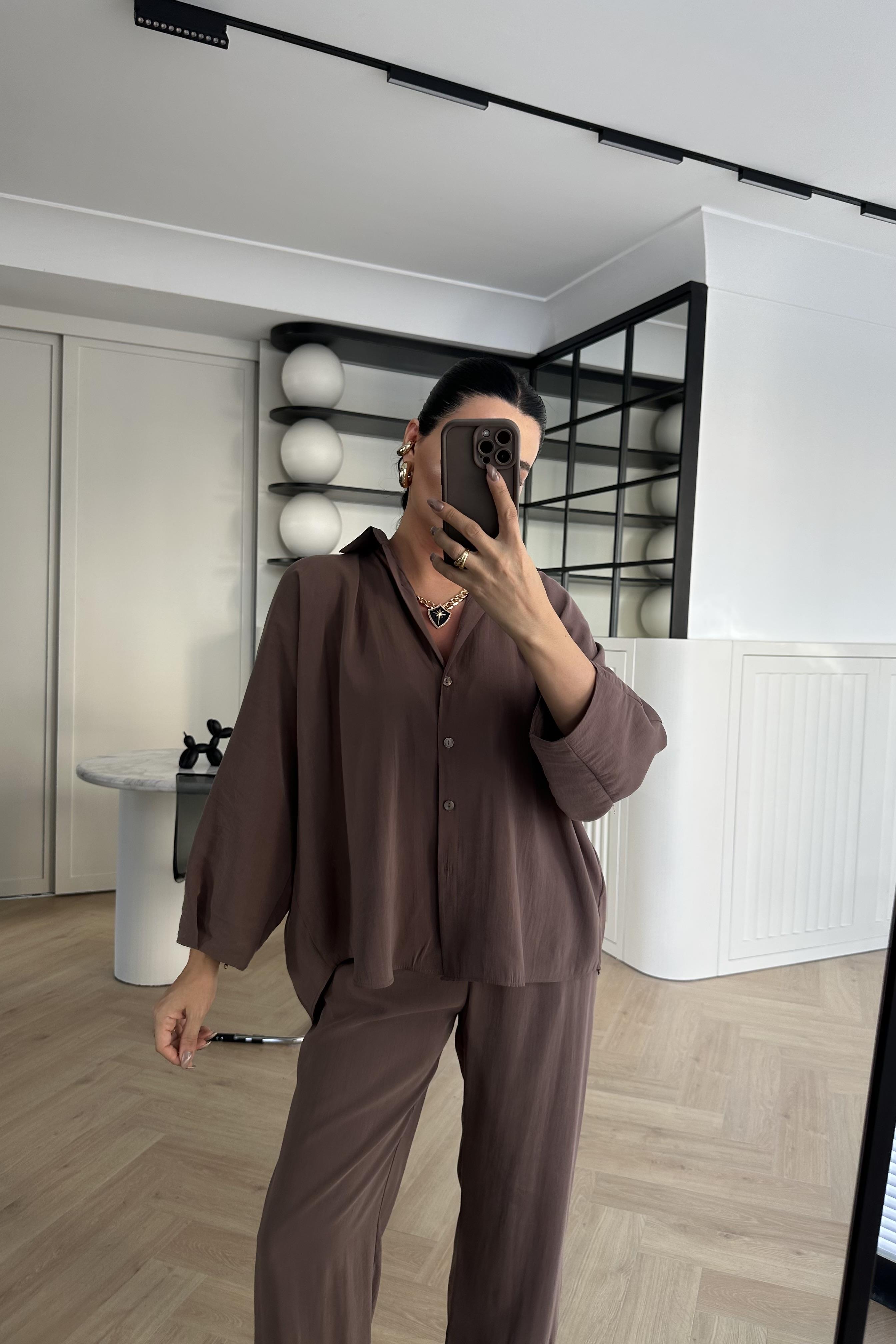 Kahve Tensel Kumaş Massi Gömlek Pantolon Takım