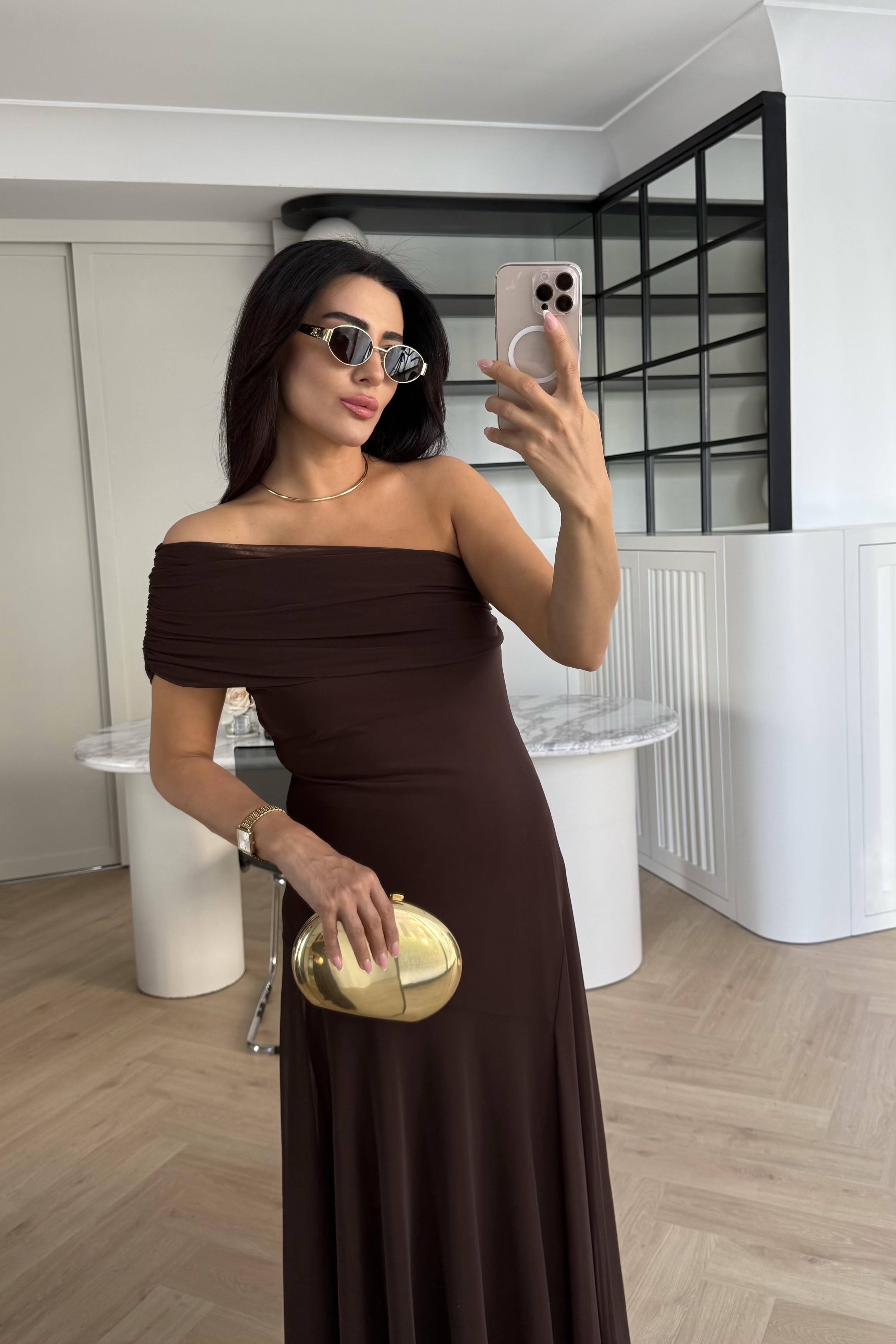 KAHVE TÜL TEK OMUZ ELBİSE