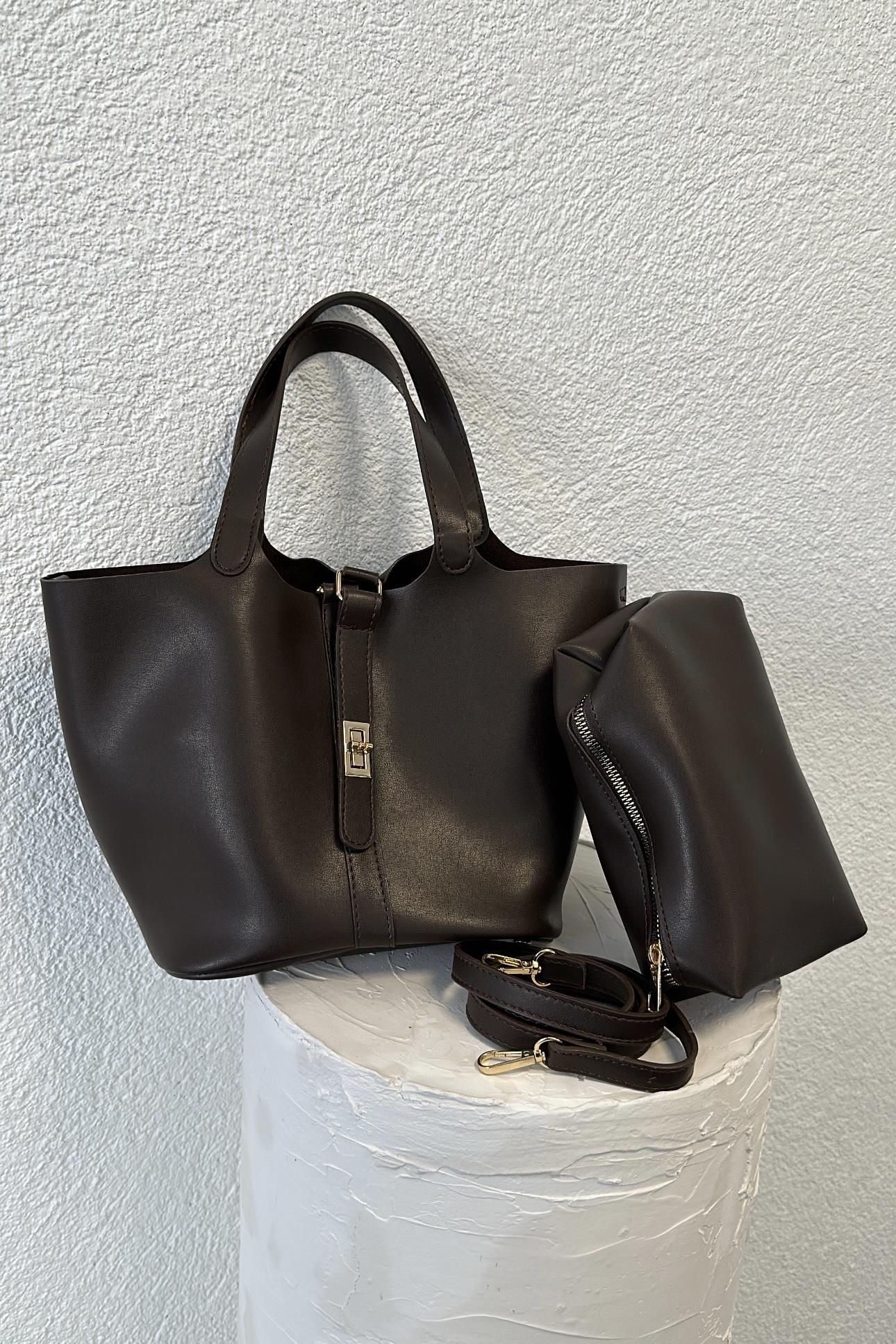 Kahve Uzun Kulplu İç Kısmı Makyaj Çanta Detaylı Çanta