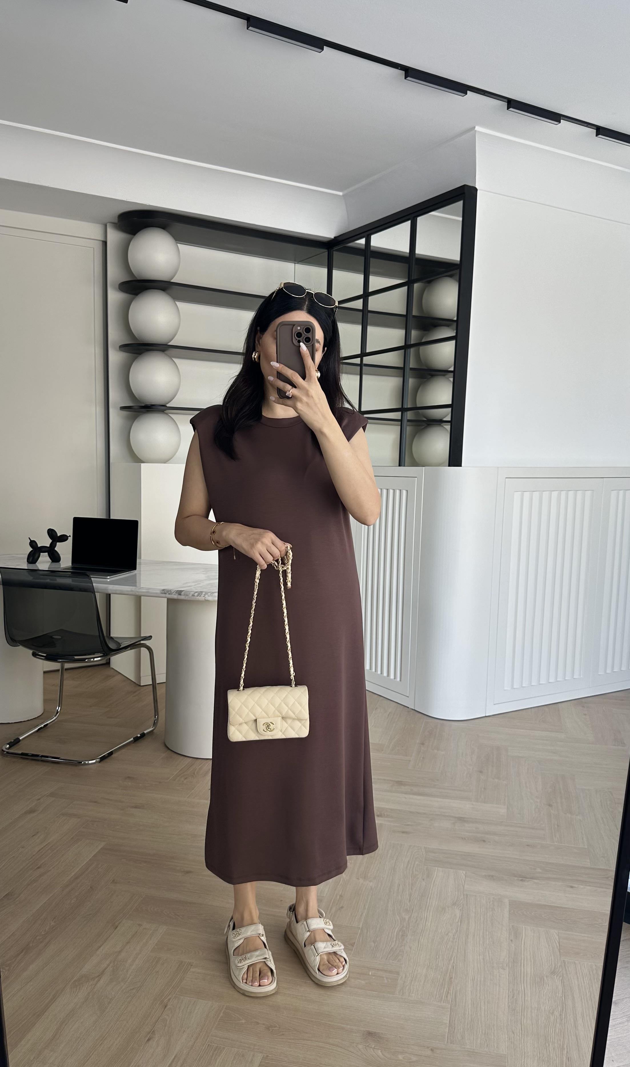 Kahve Vatkalı Modal Kumaş Rahat Elbise 