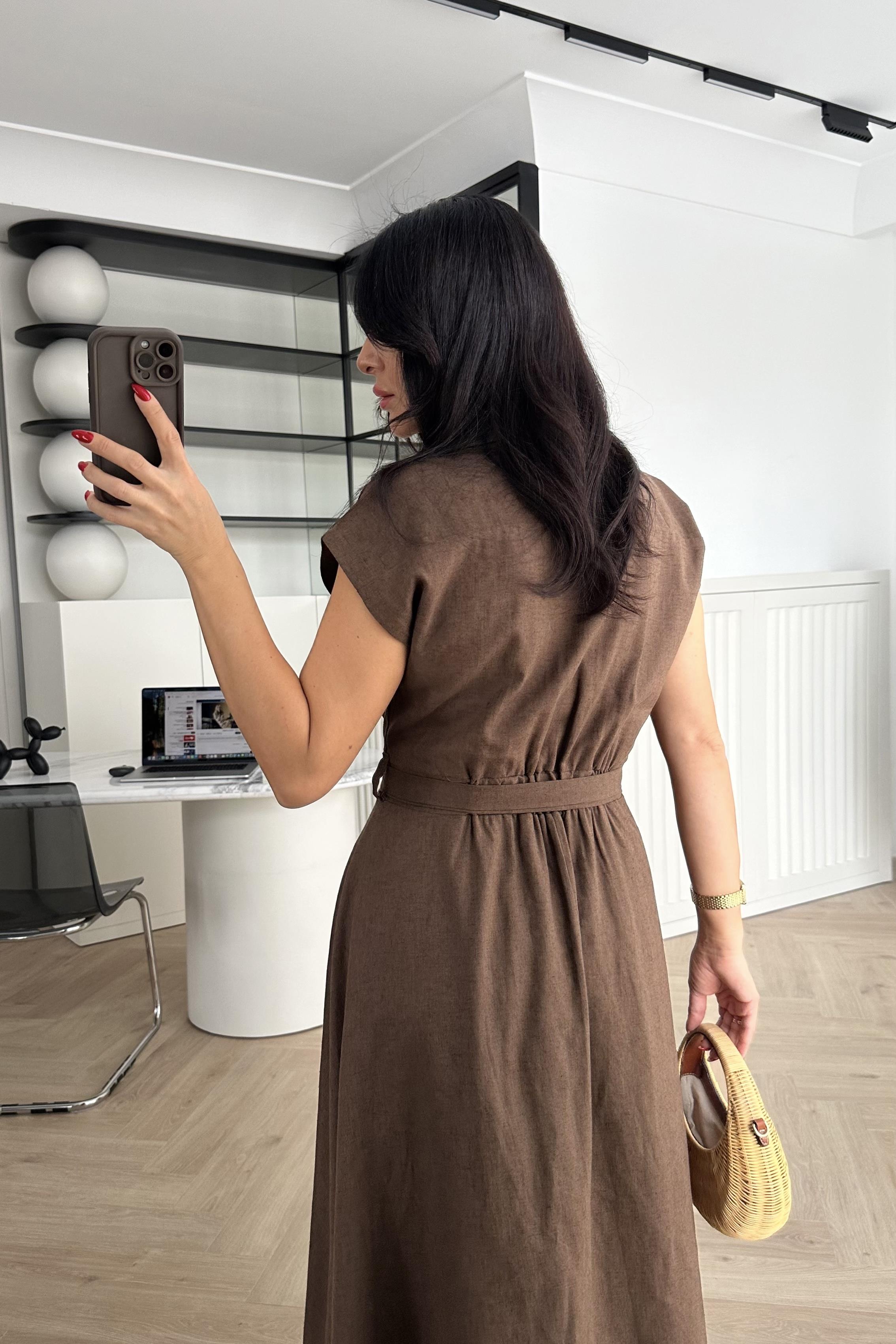 Kahve Zr Model Kemerli Keten Elbise