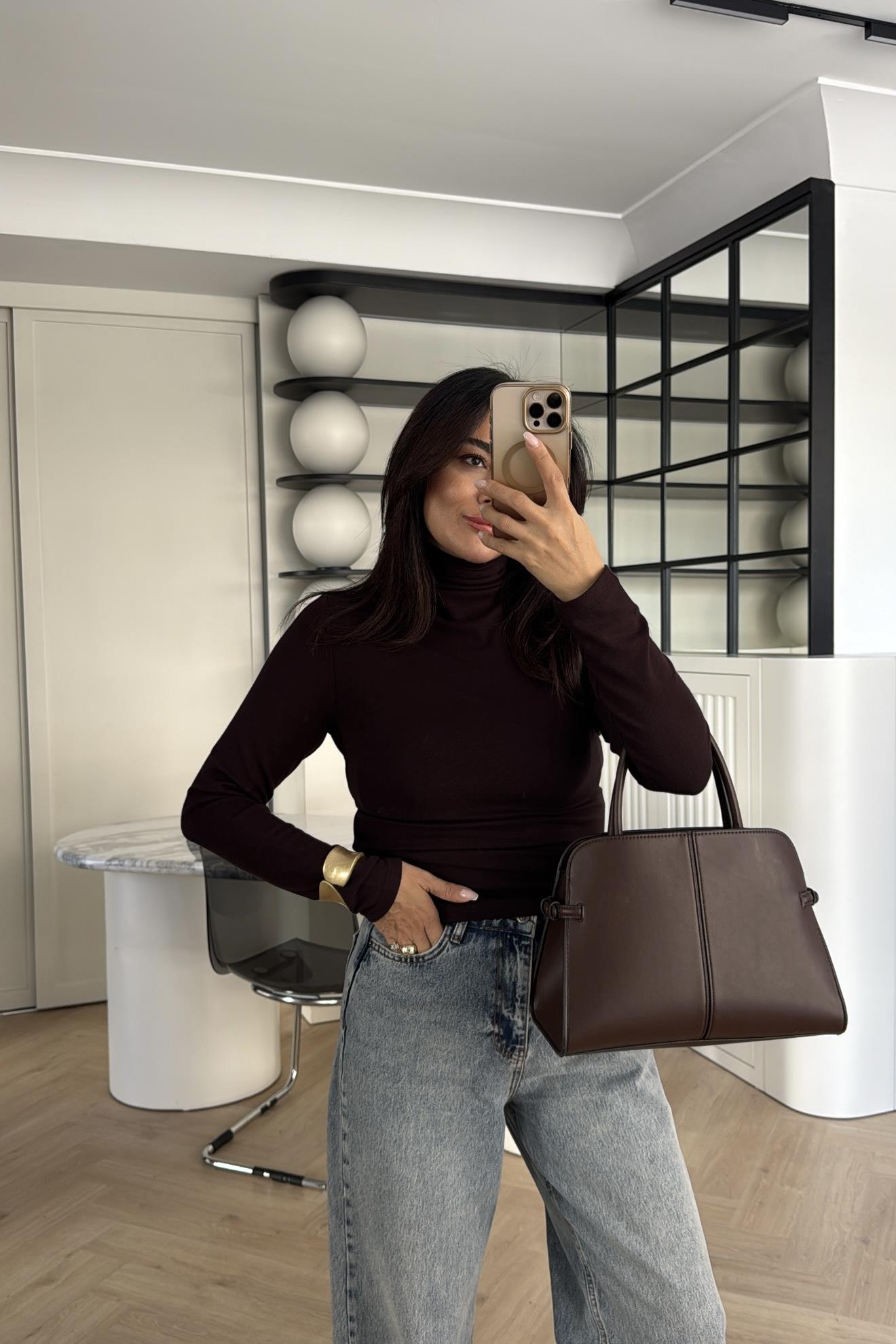 KAHVERENGİ MASSİMO MODEL BALIKÇI YAKA MODAL BLUZ