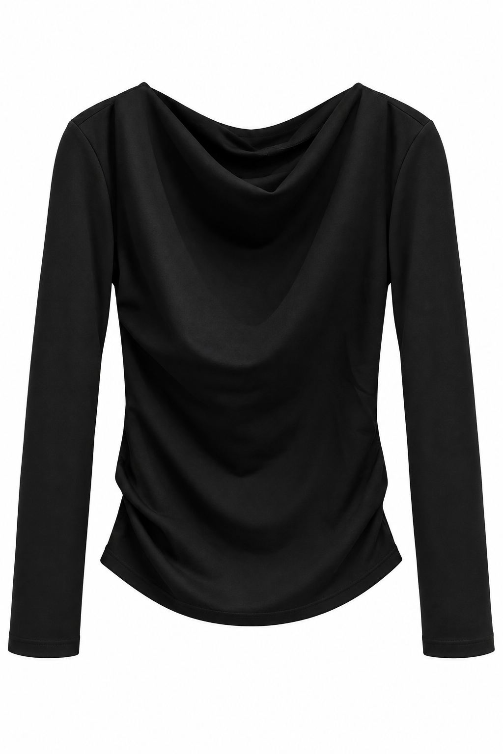 Kayık Yaka Yandan Drapeli Uzun Kollu Bluz Siyah