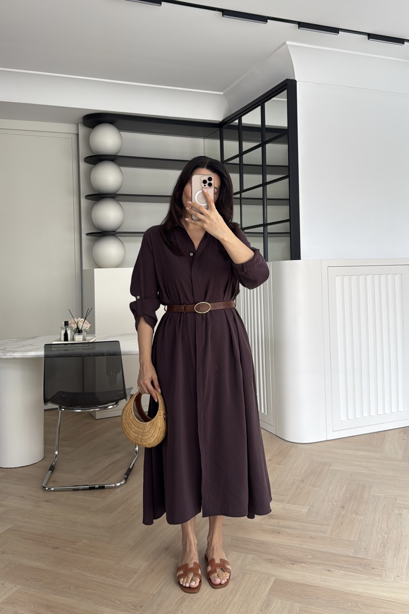 KEMER DETAYLI PREMİUM GÖMLEK ELBİSE MÜRDÜM 