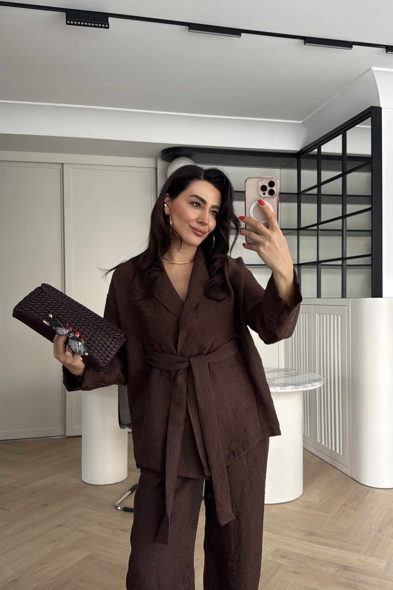 KENDİNDEN DOKULU PARLAK KİMONO TAKIM KAHVE