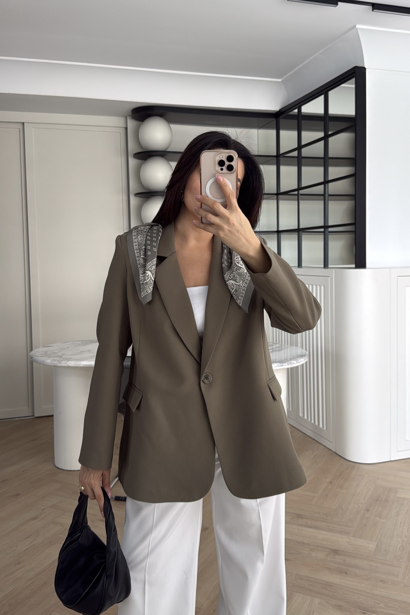 KENDİNDEN FULARLI BLAZER CEKET HAKİ 