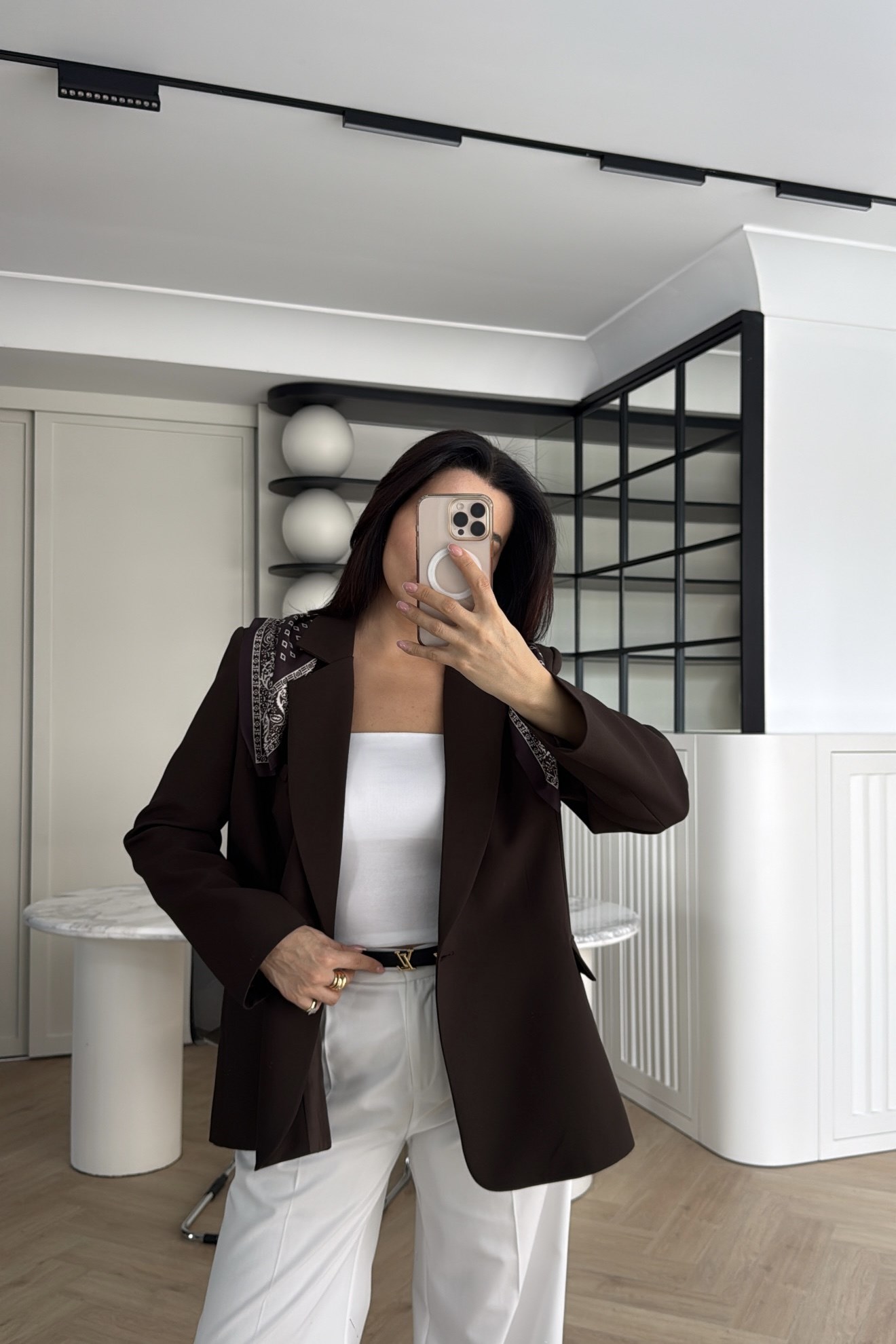 KENDİNDEN FULARLI BLAZER CEKET KAHVE 