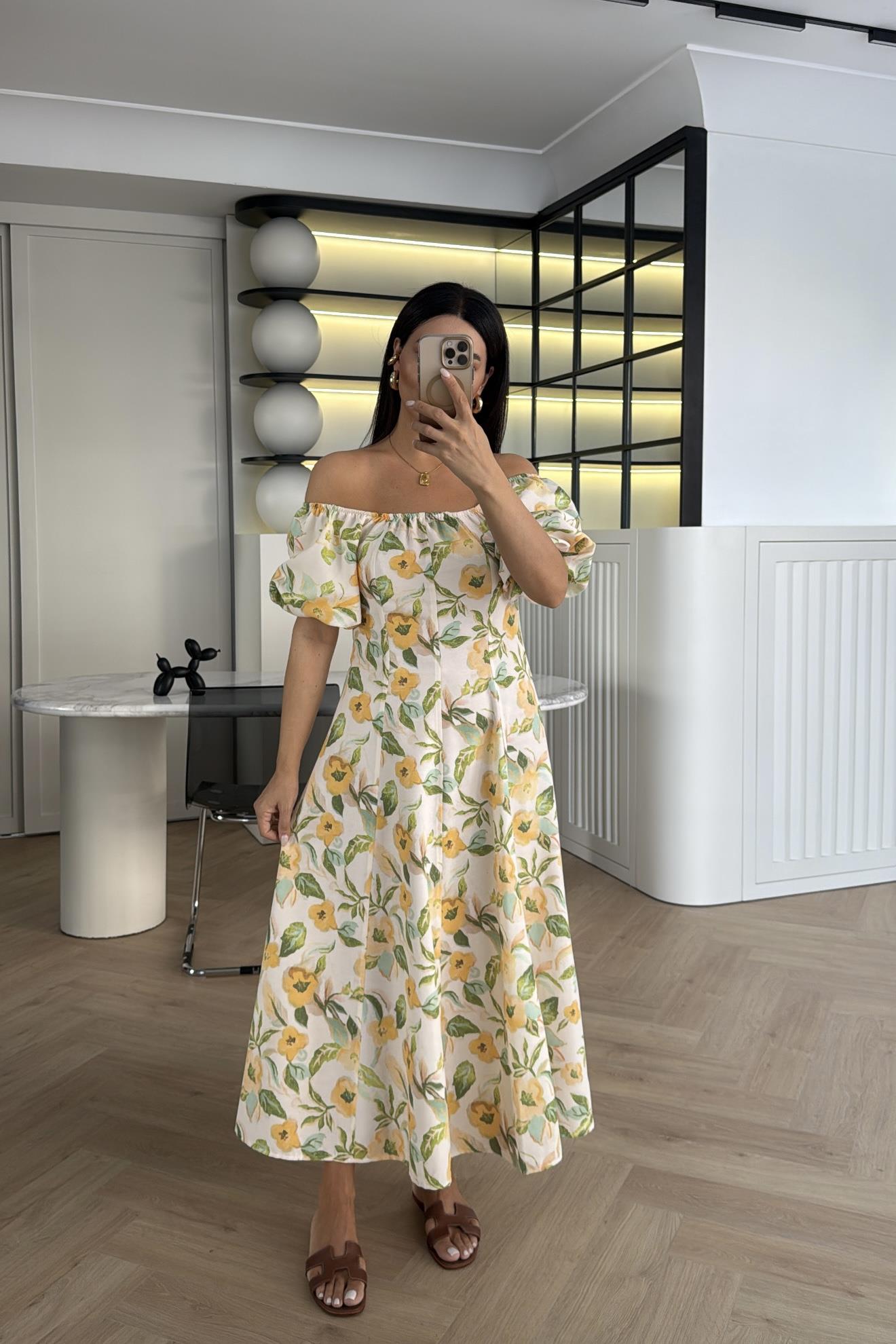 KETEN ÇİÇEKLİ ARKADAN FERMUARLI OMUZ DETAYLI ELBİSE