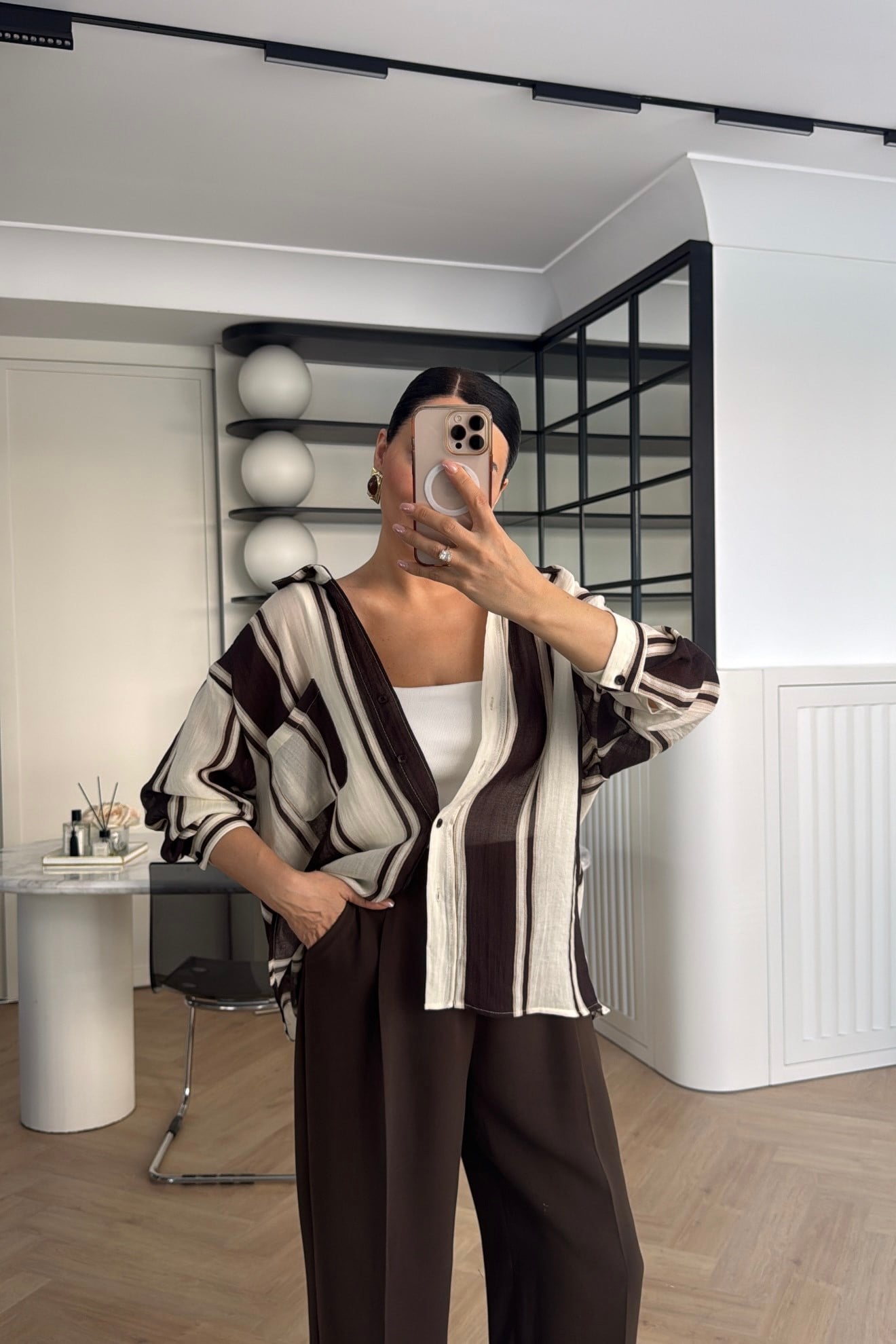 KETEN ÇİZGİLİ GÖMLEK KAHVE TAŞ 