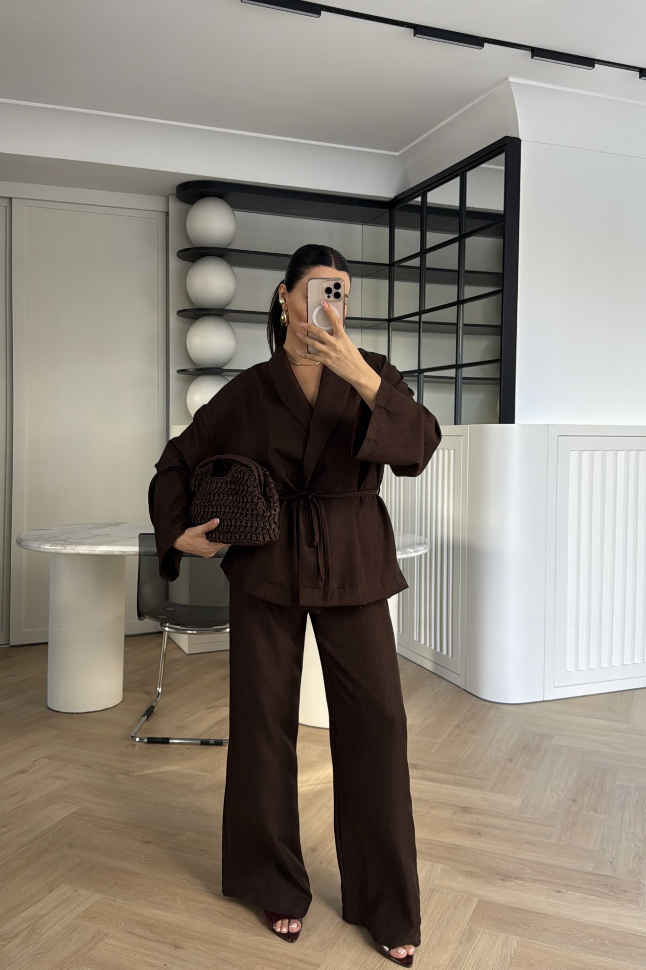 KETEN KİMONO TAKIM KAHVE 