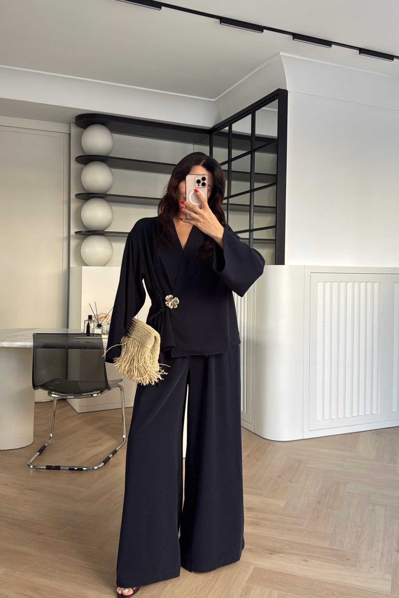 KİMONA KESİM BROŞ DETAYLI PALAZZO TAKIM LACİ