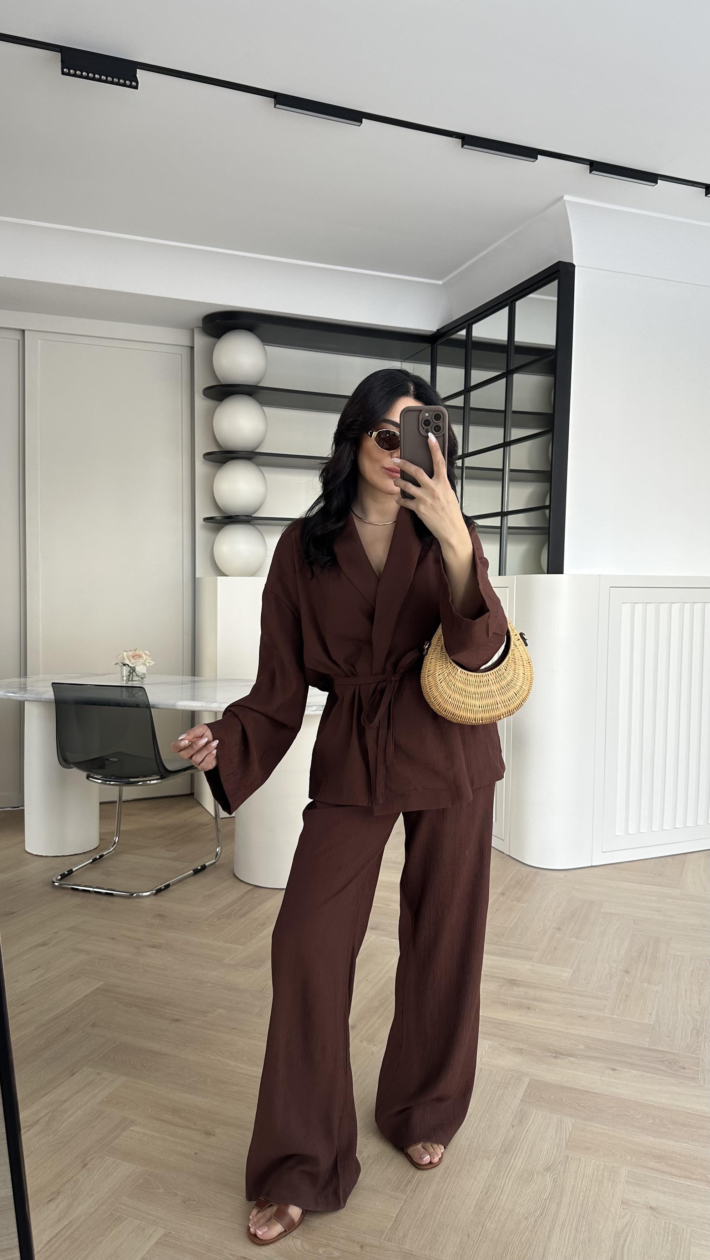 Kırınkıl Kumaş Kimono Takım Kahve 