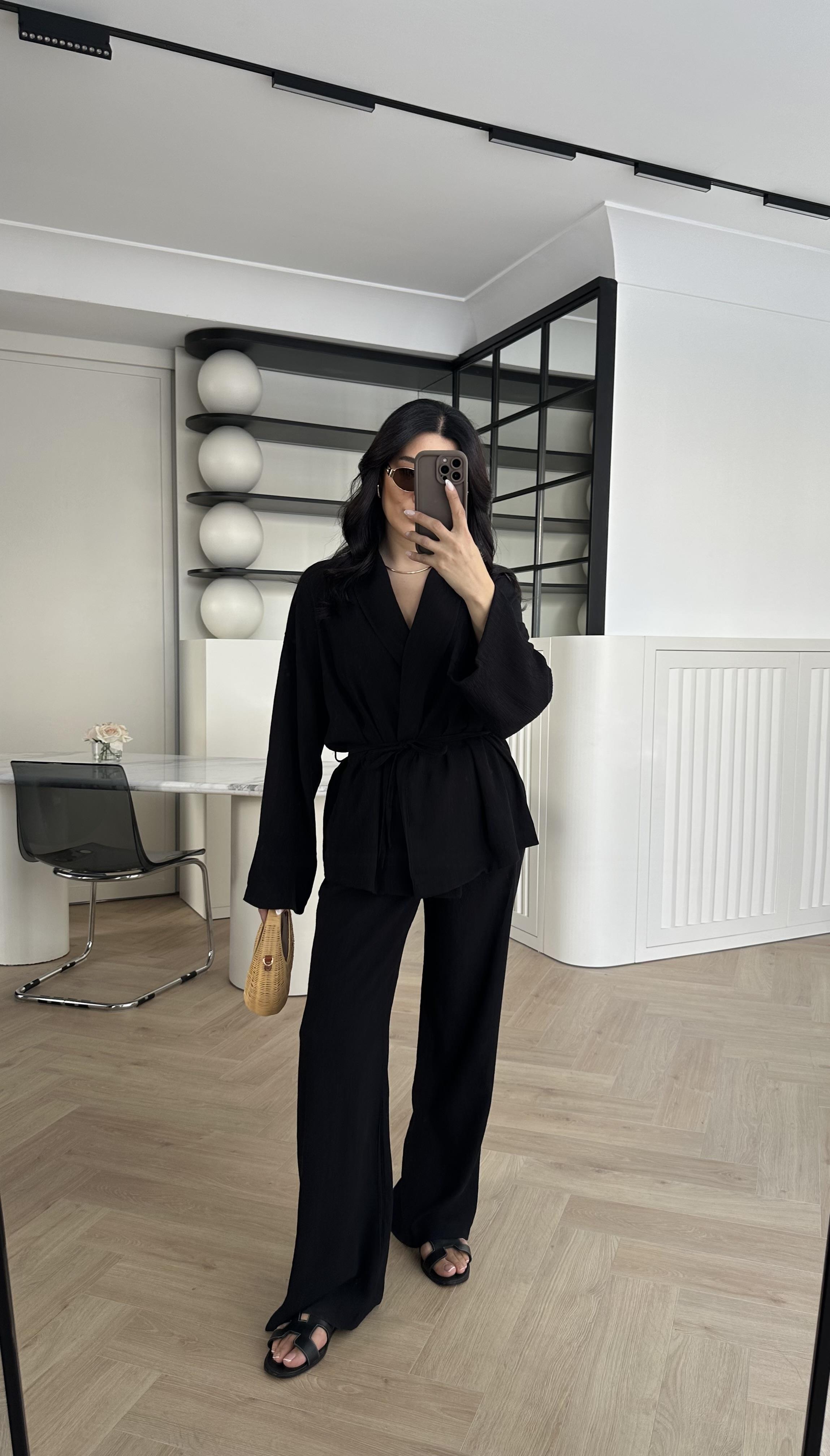 Kırınkıl Kumaş Kimono Takım Siyah 