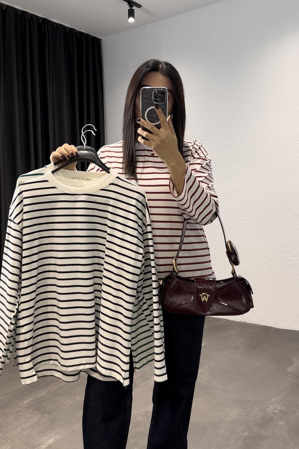 Kırmızı Çizgili Uzun Kol  Basic Bluz 