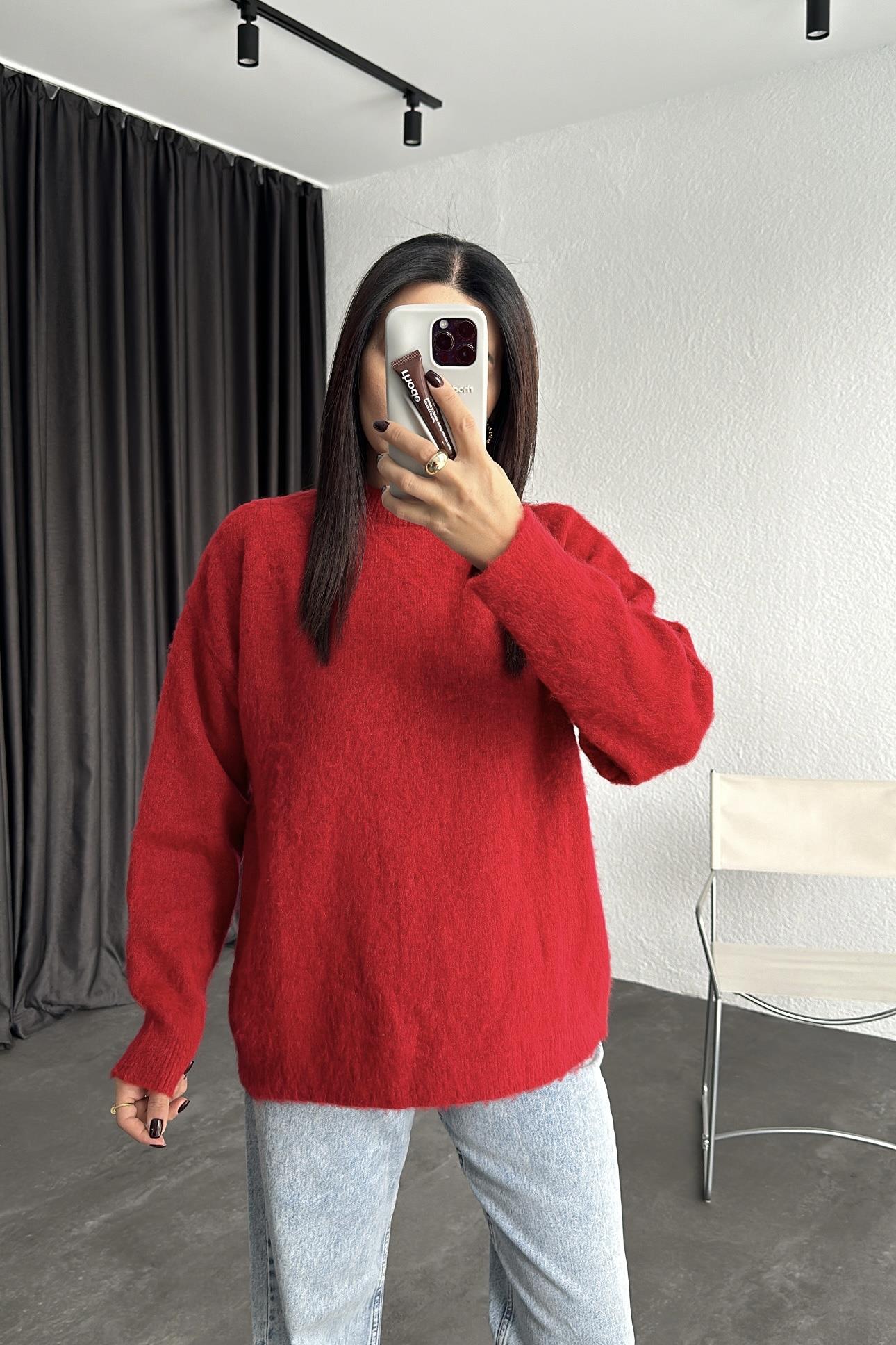 Kırmızı Marka Model Bisiklet Yaka Şardonlu Basic Triko Kazak