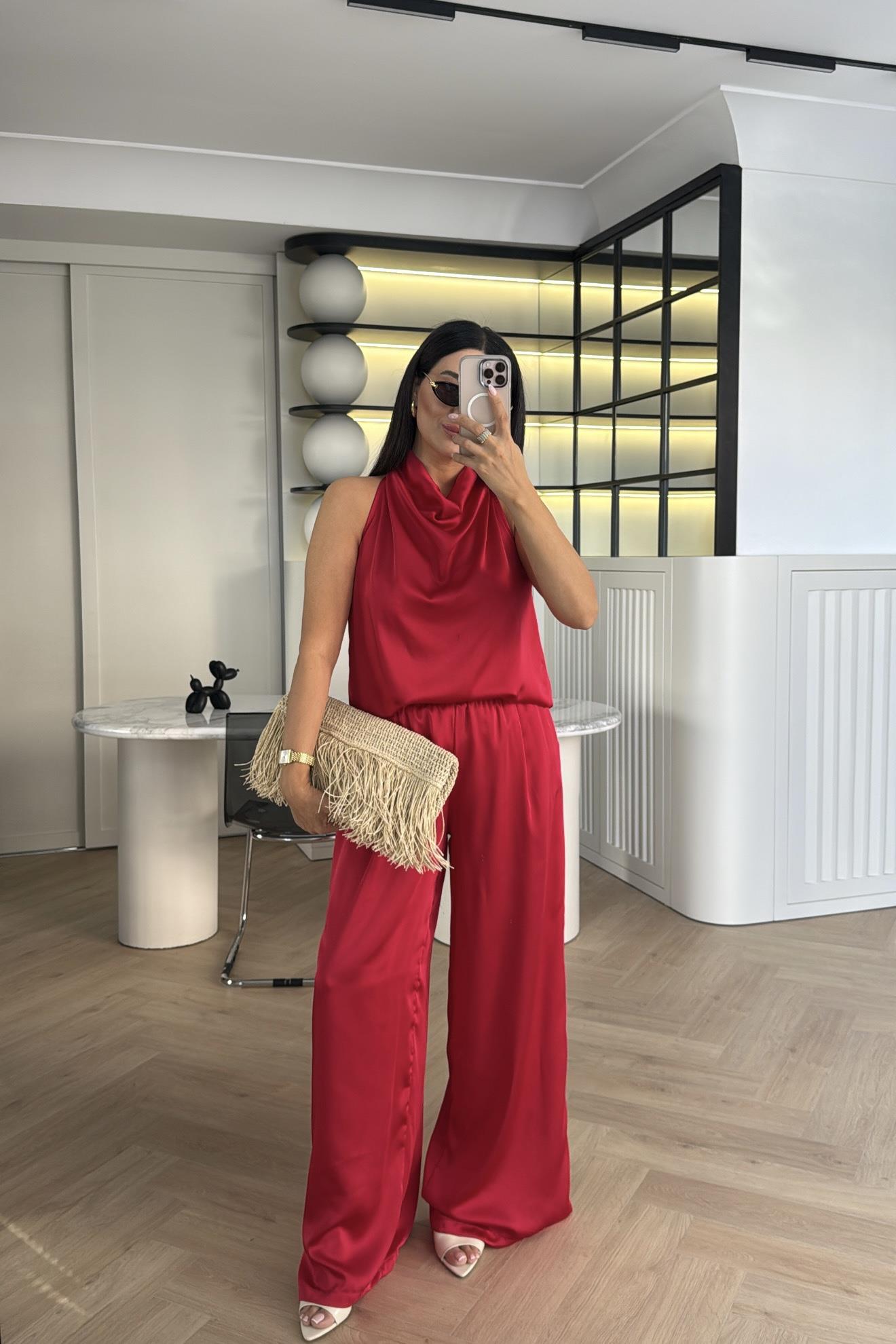 KIRMIZI SATEN BLUZ PANTOLON TAKIM