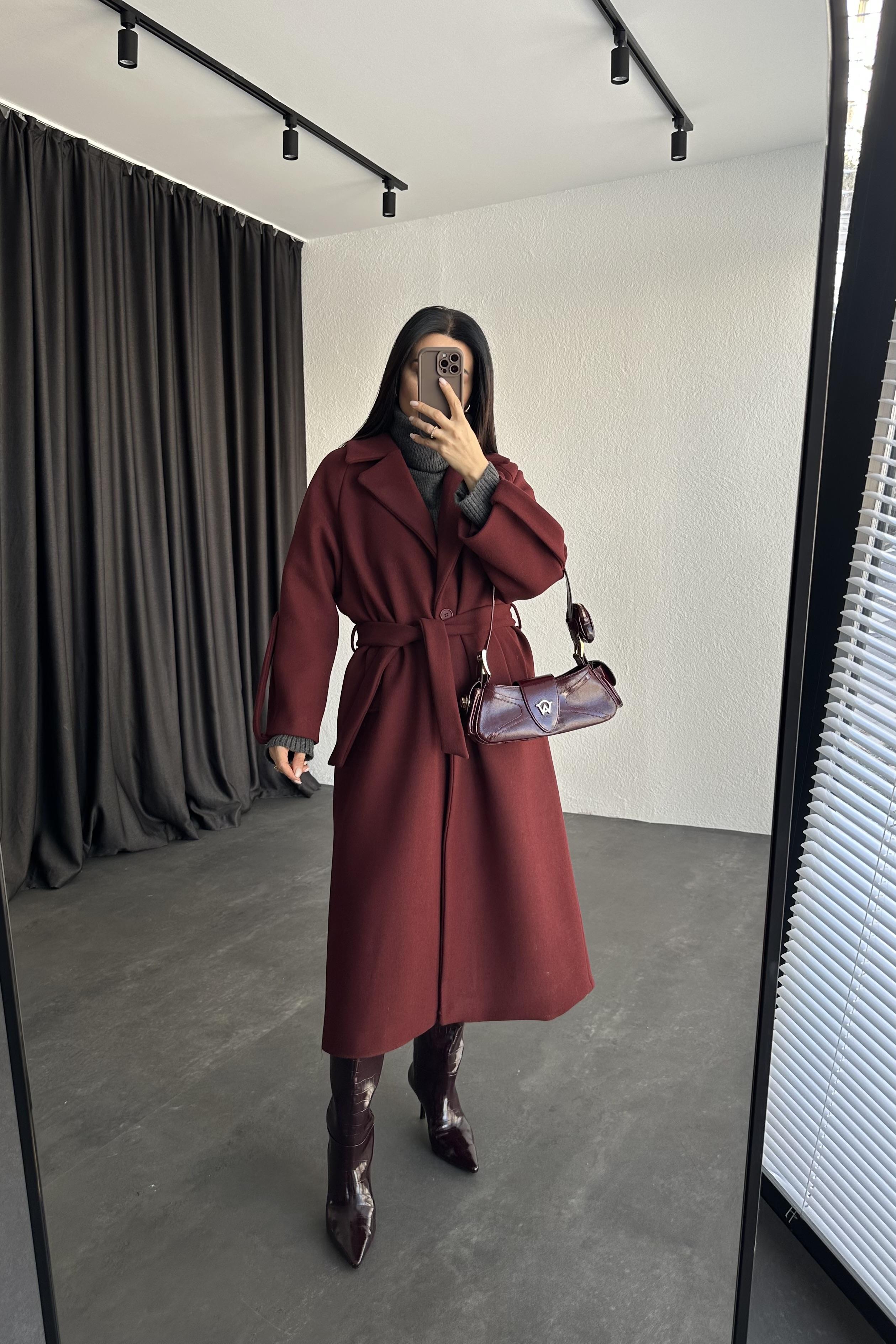 Kol Detay Bordo Premium Kaşe Kaban