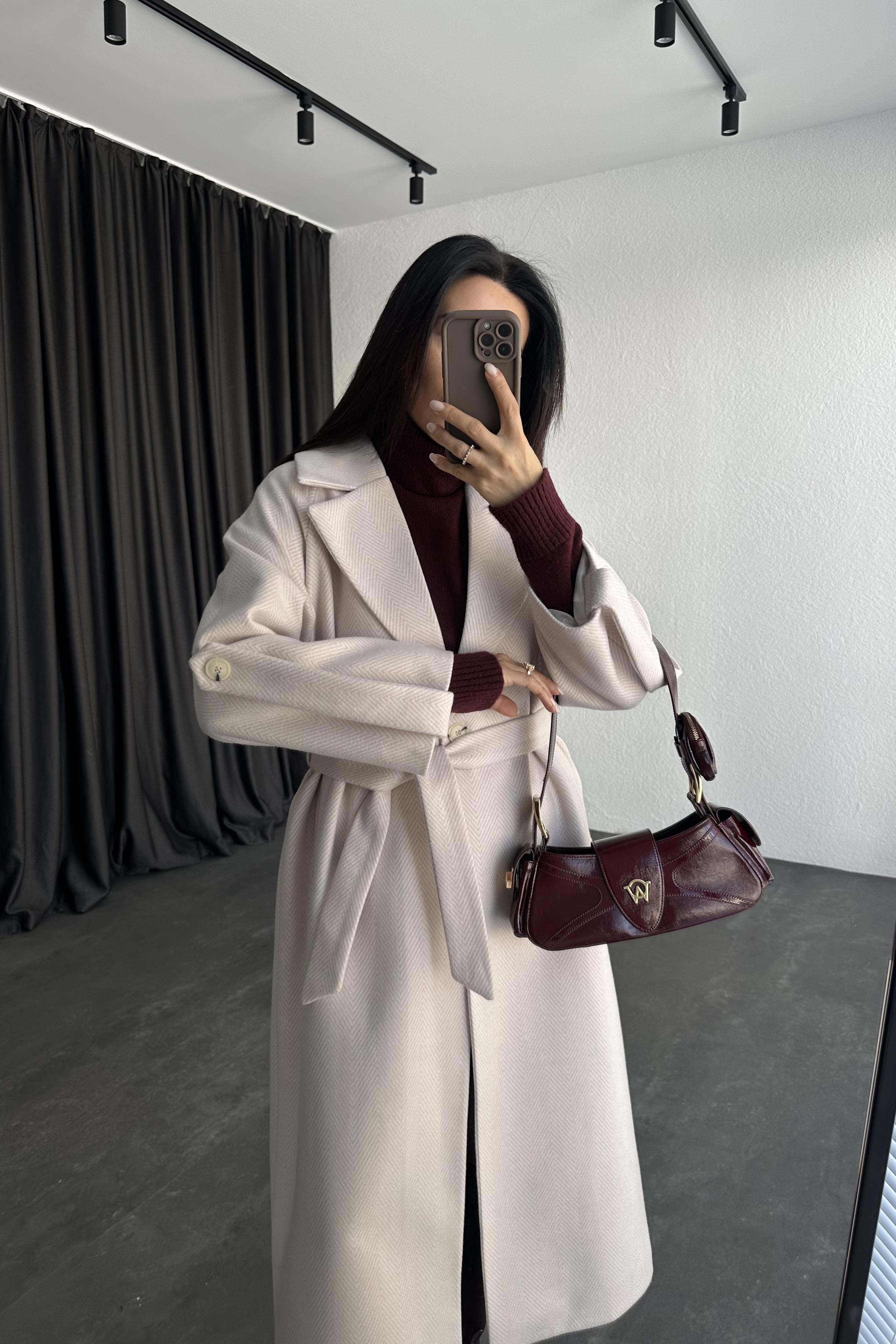 Kol Detay Ekru Balıksırtı Premium Kaşe Kaban