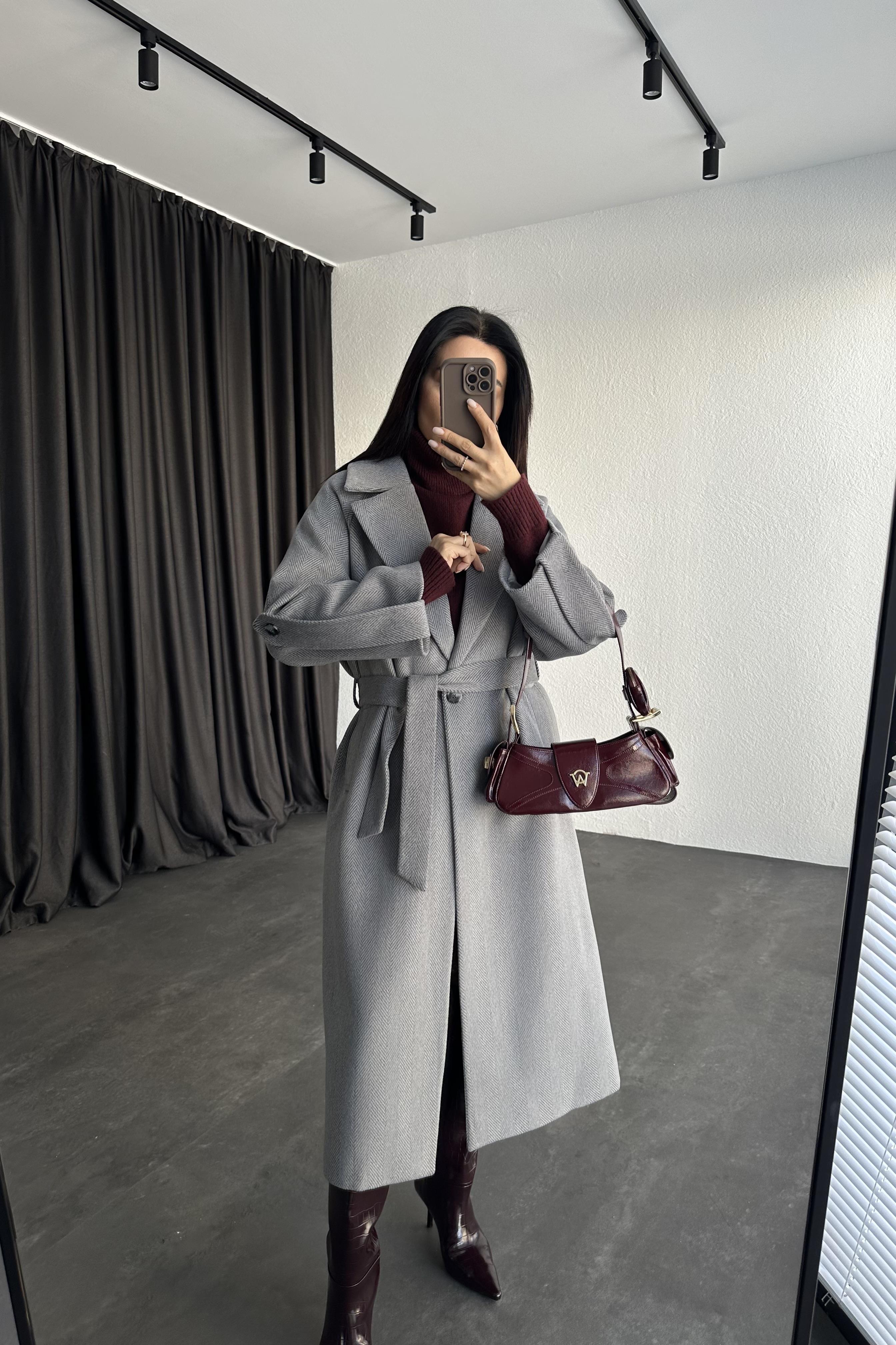 Kol Detay Gri Balıksırtı Premium Kaşe Kaban