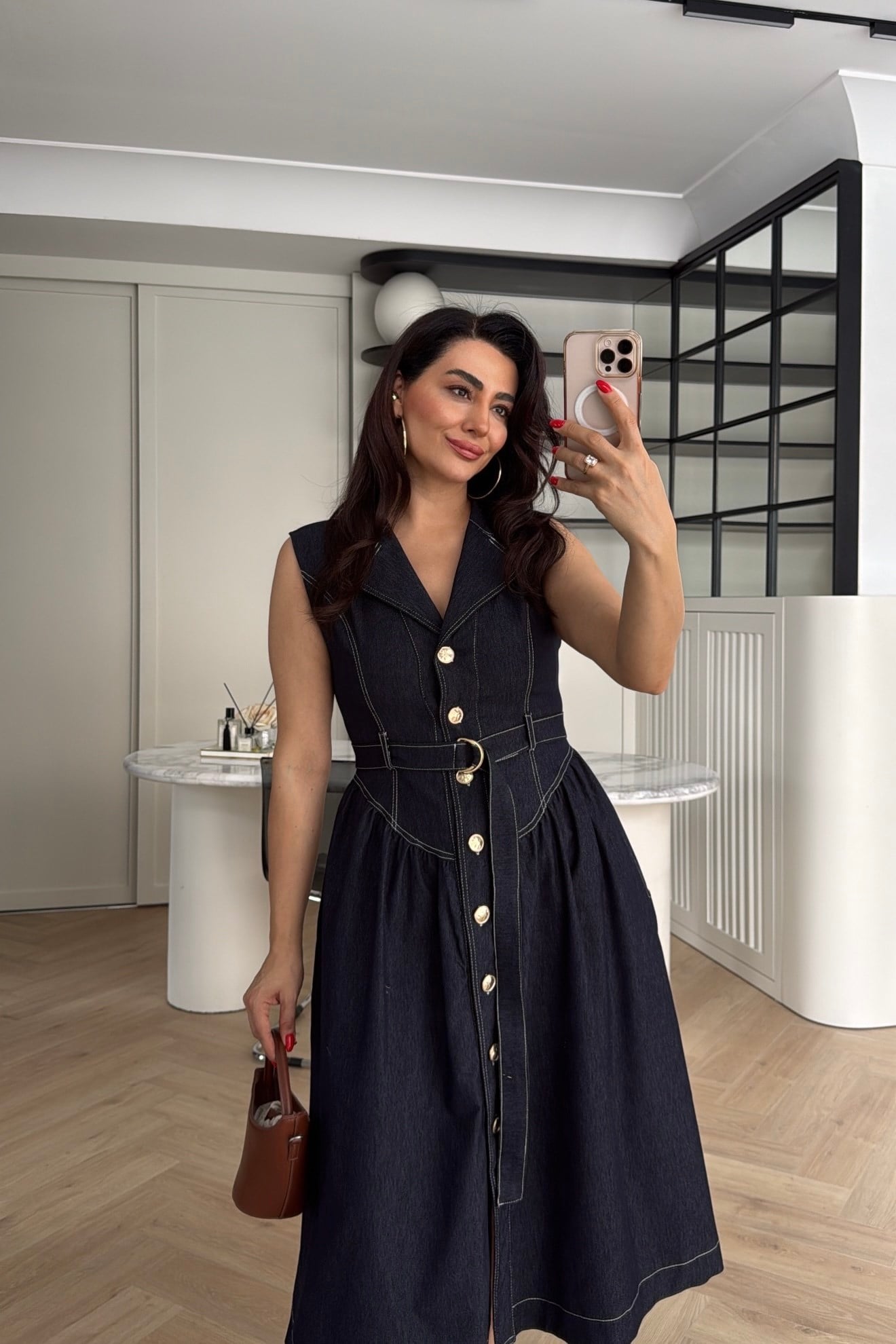 KONTRAST DİKİŞ DETAYLI DENİM MİDİ ELBİSE LACİVERT 