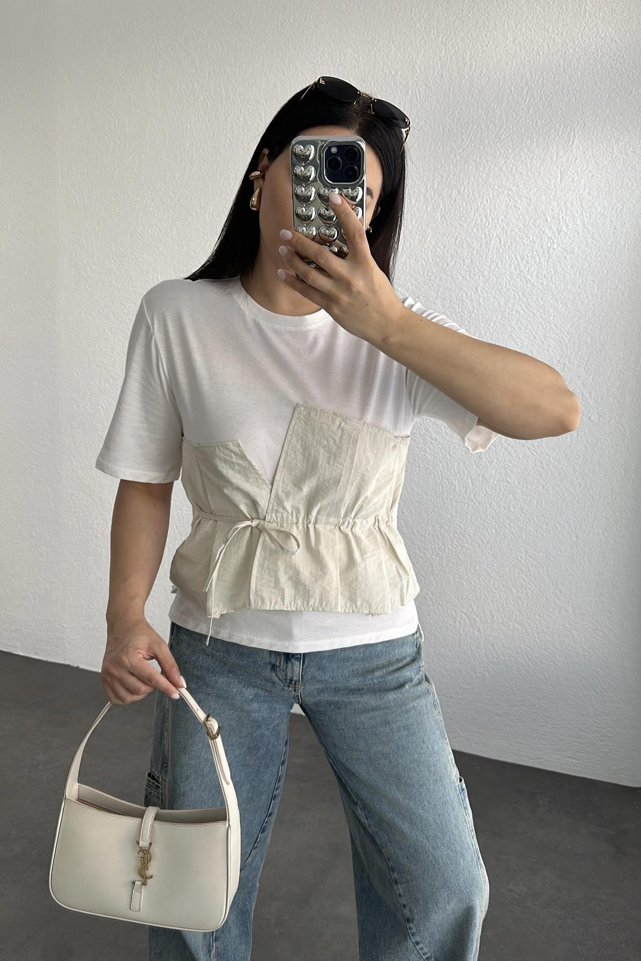 Korsajlı Tişört Ekru