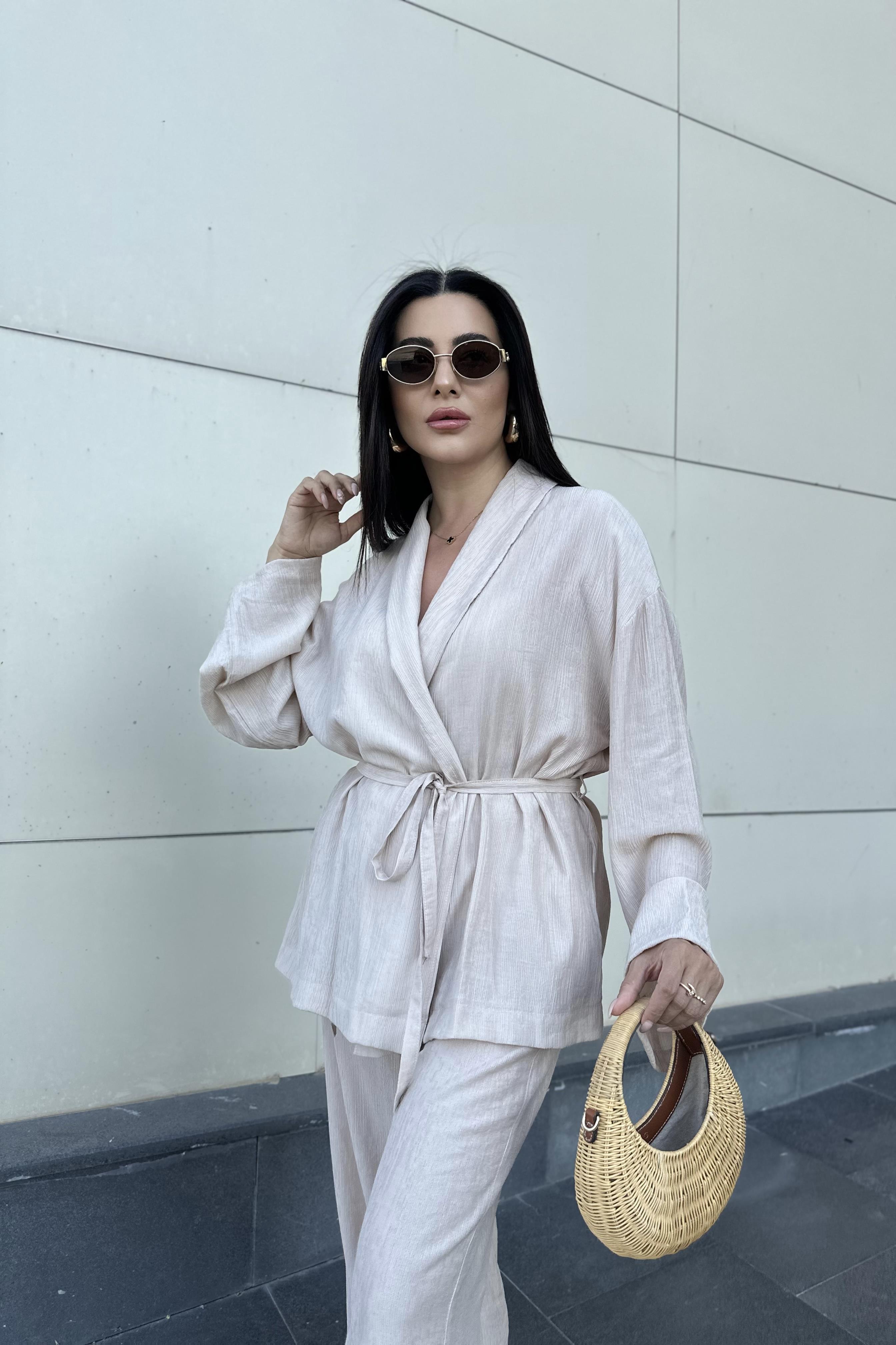 Krinkıl Kumaş Kimono Takım Turuncu Bej