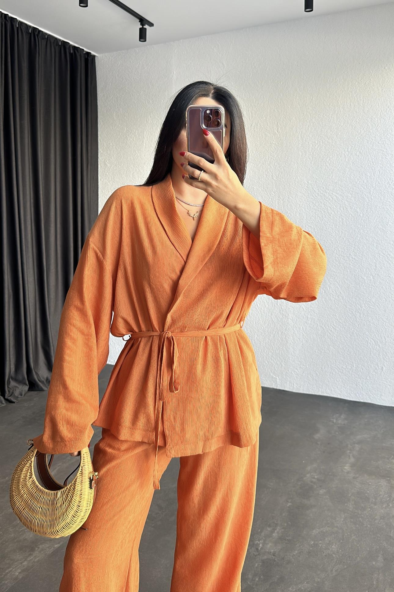 Krinkıl Kumaş Kimono Takım Turuncu