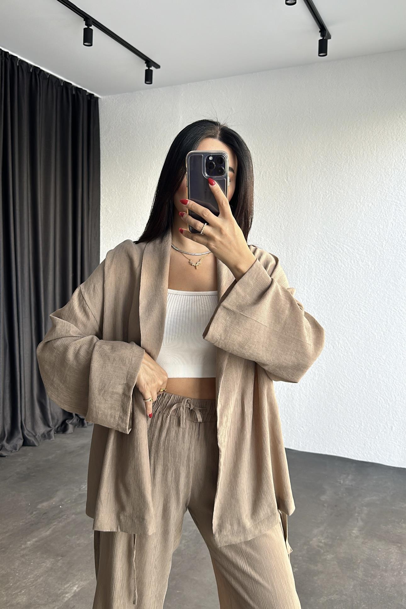 Krinkıl Kumaş Kimono Takım Vizon 