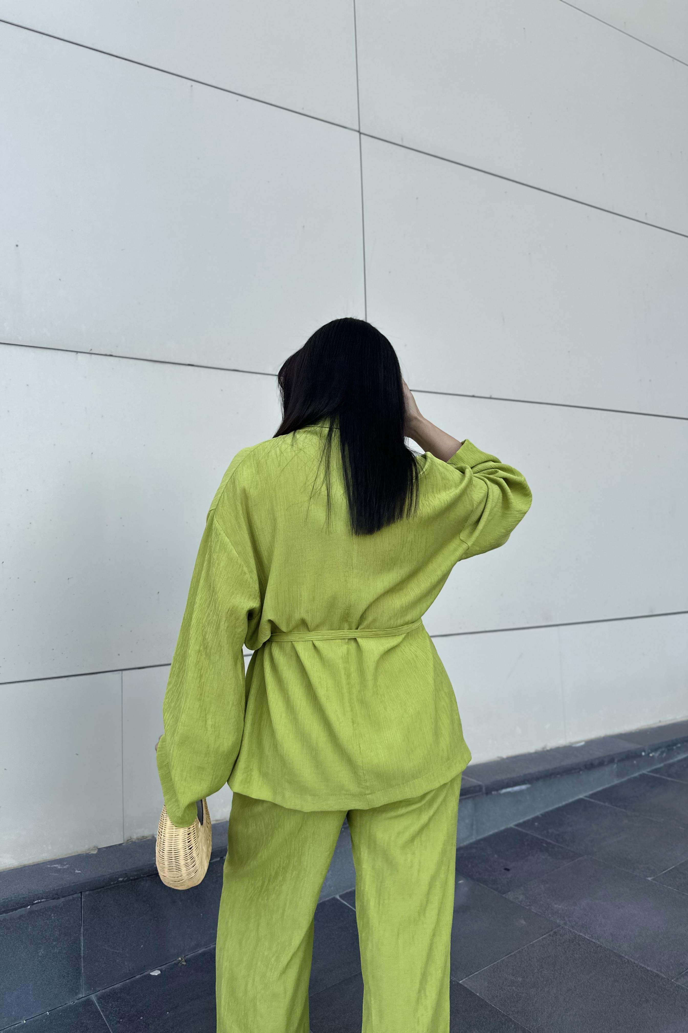 Krinkıl Kumaş Kimono Takım Yeşil