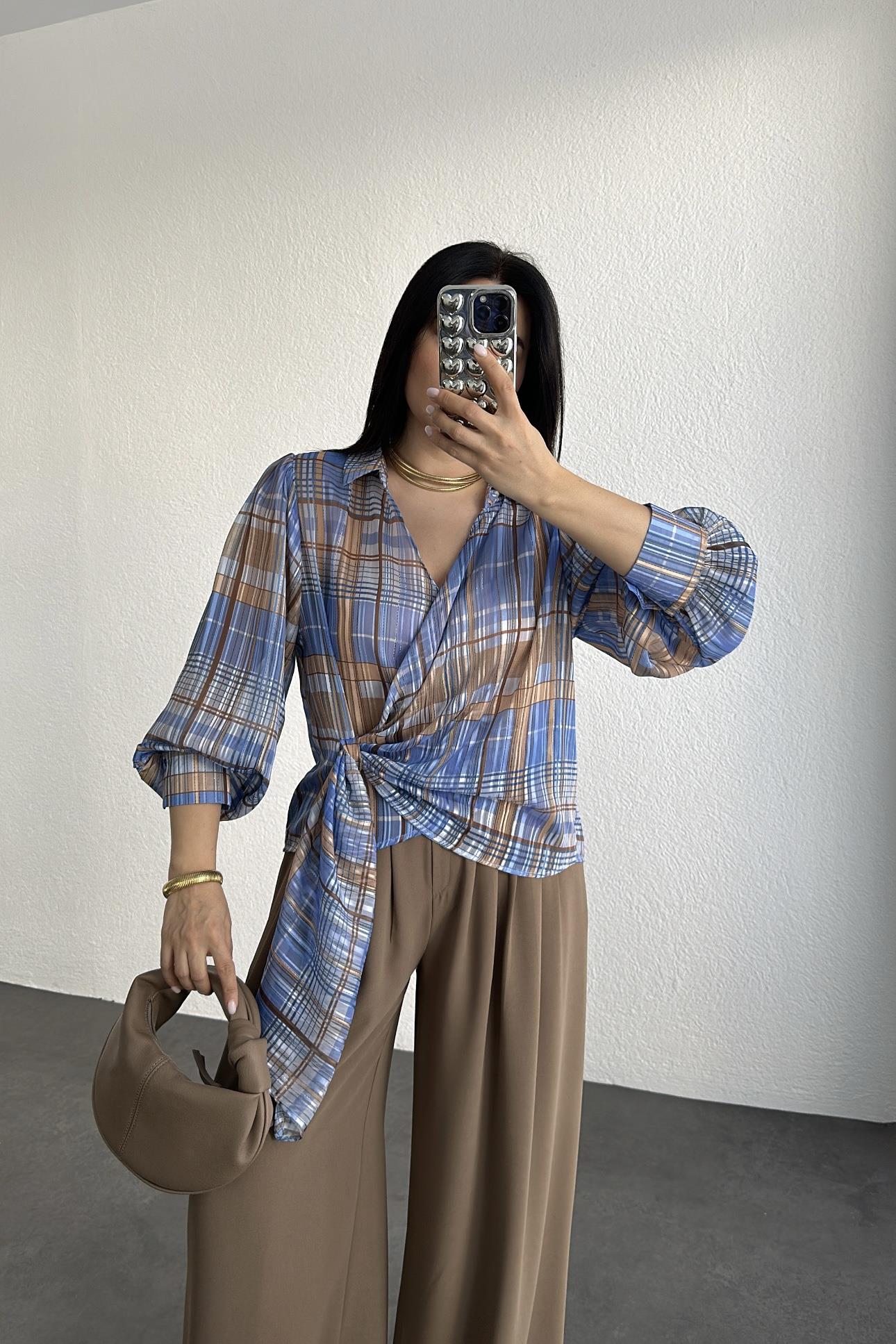 Kruvaze Bağlamalı Orjinal Marka Etiketli Şifon Gömlek 