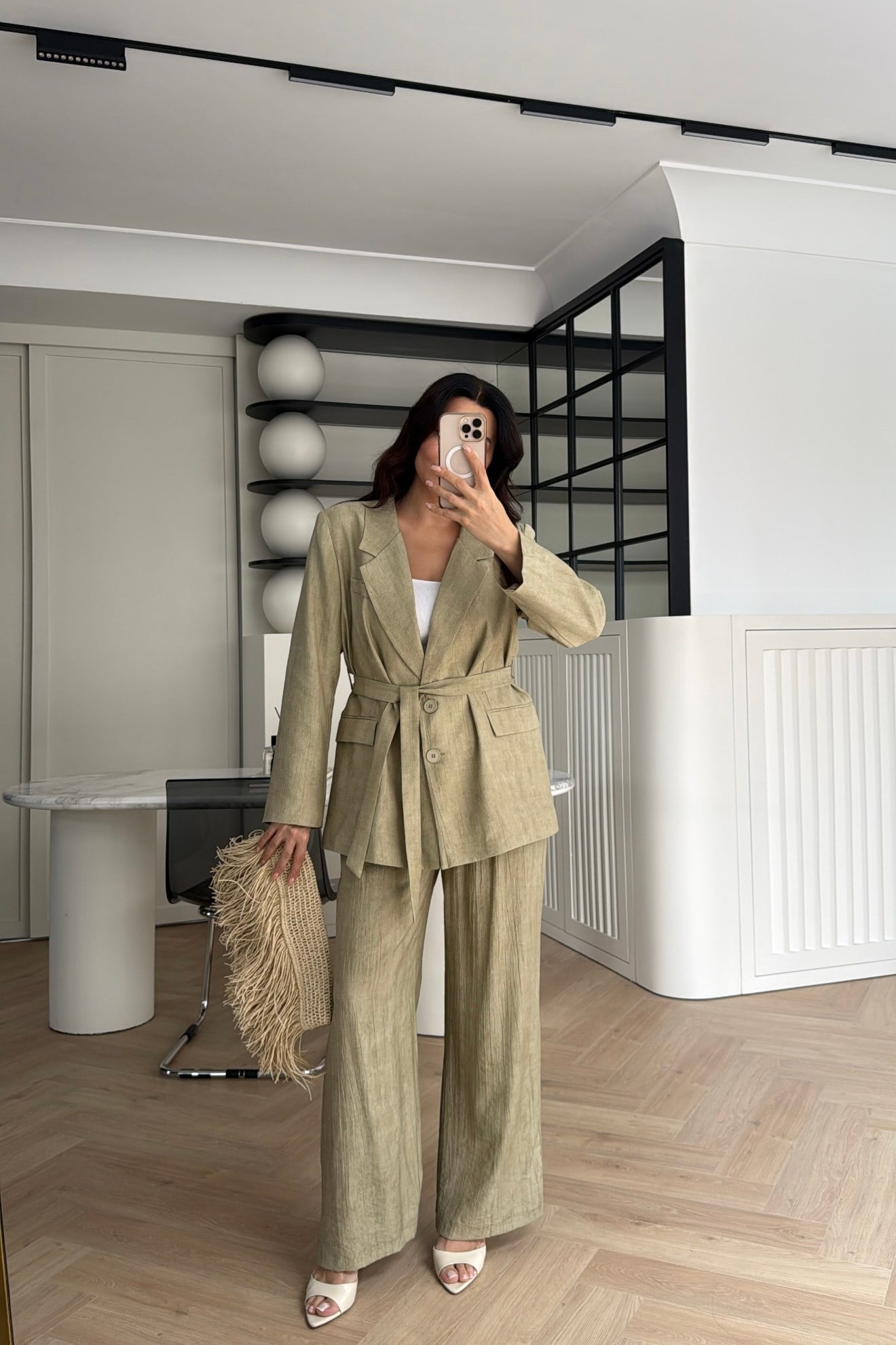 KUŞAK DETAYLI KETEN BLAZER TAKIM OLIVE