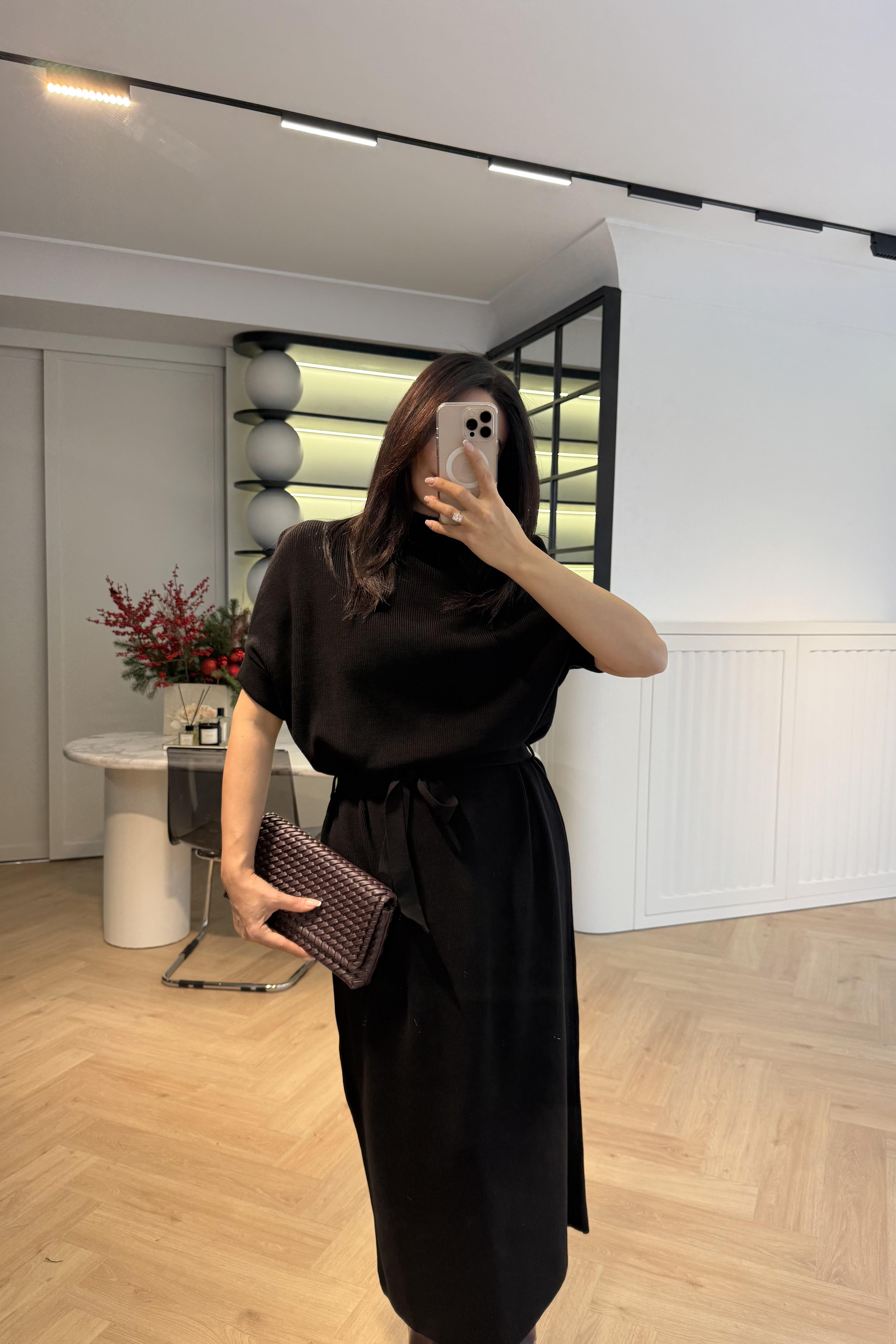 KUŞAKLI TRİKO ELBİSE SİYAH