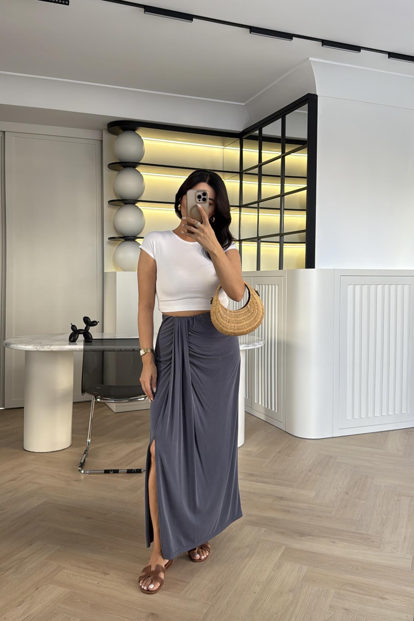 LACİ BELİ LASTİKLİ YIRTMAÇLI MODAL KUMAŞ ETEK