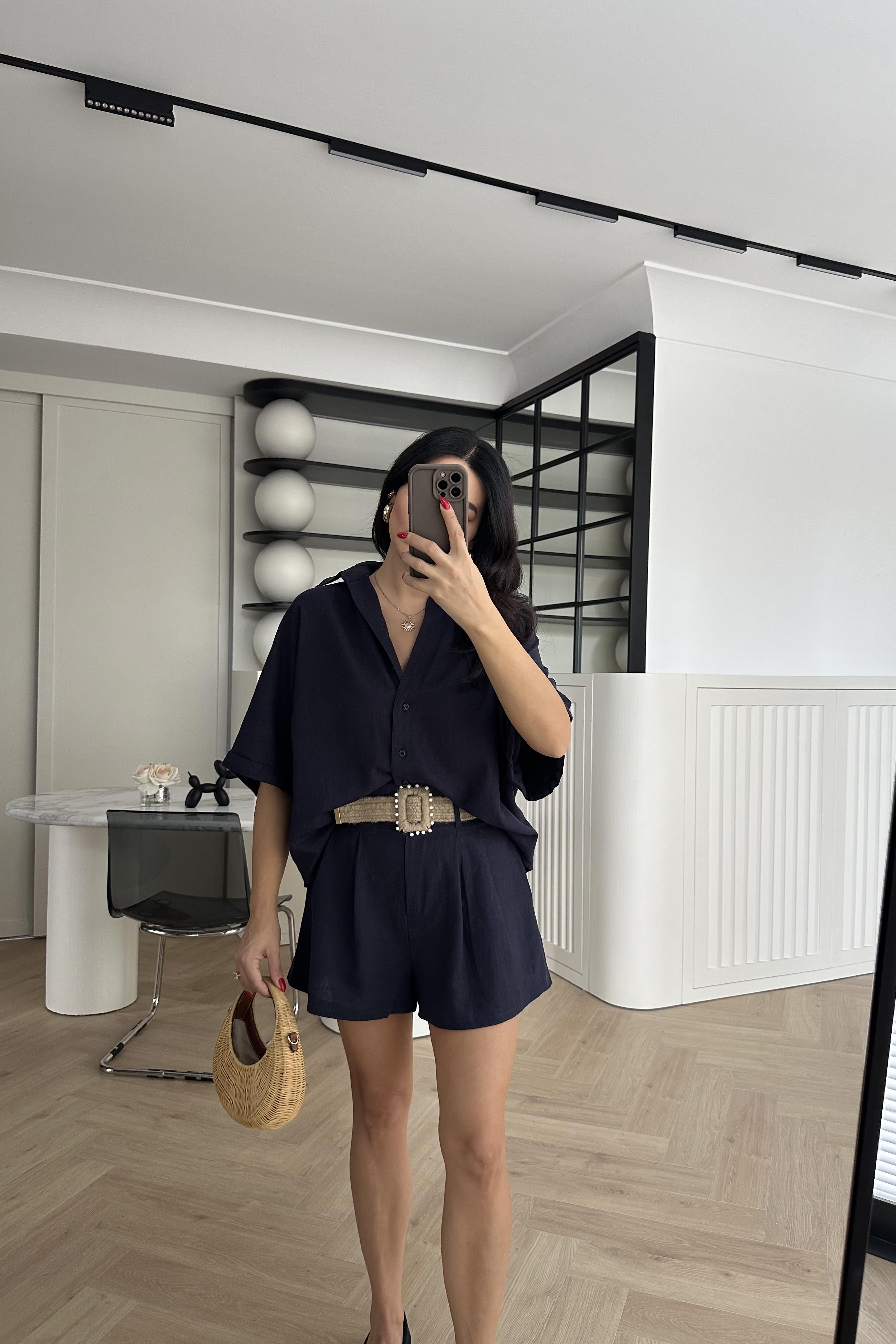 Laci Kemerli Keten Şort Gömlek Takım 