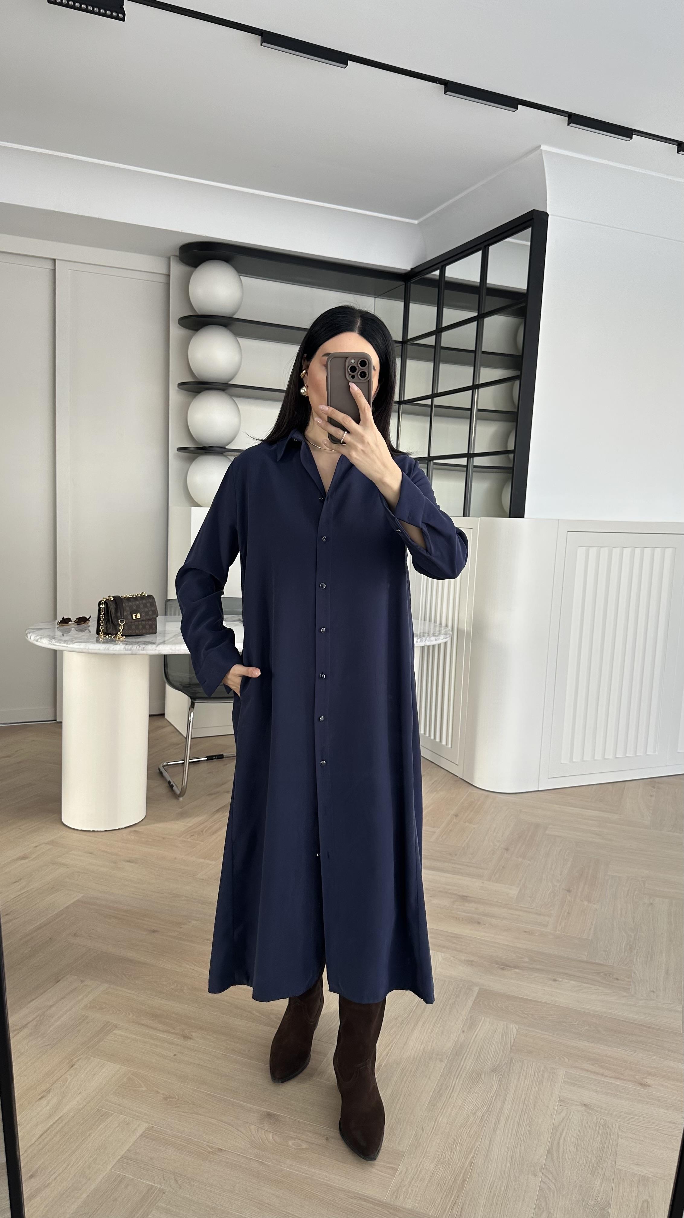 Laci Sedef Düğmeli Kemerli Gömlek Elbise