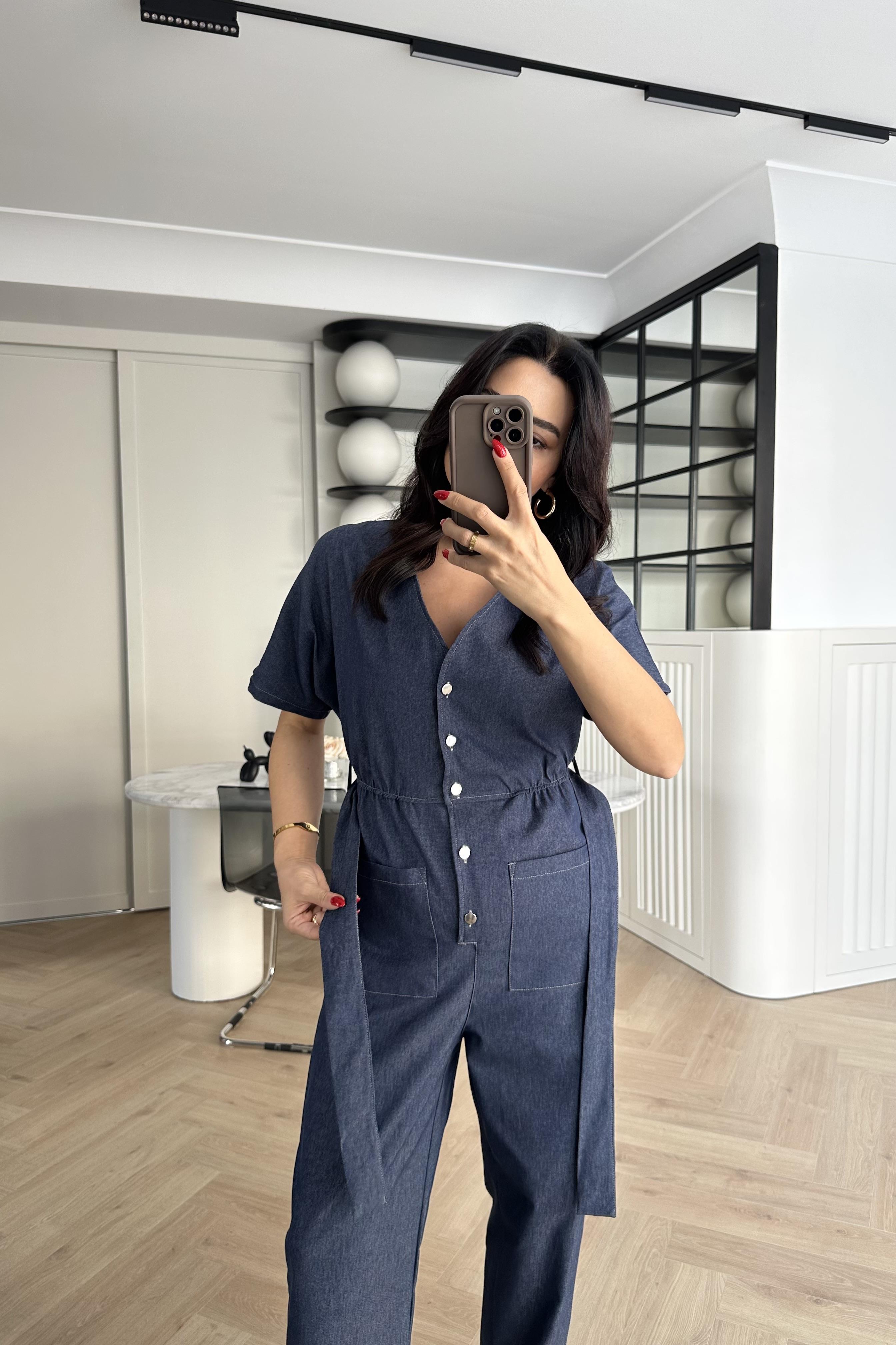 Lacivert Beli Lastikli Yumuşak Denim Kumaş Tulum