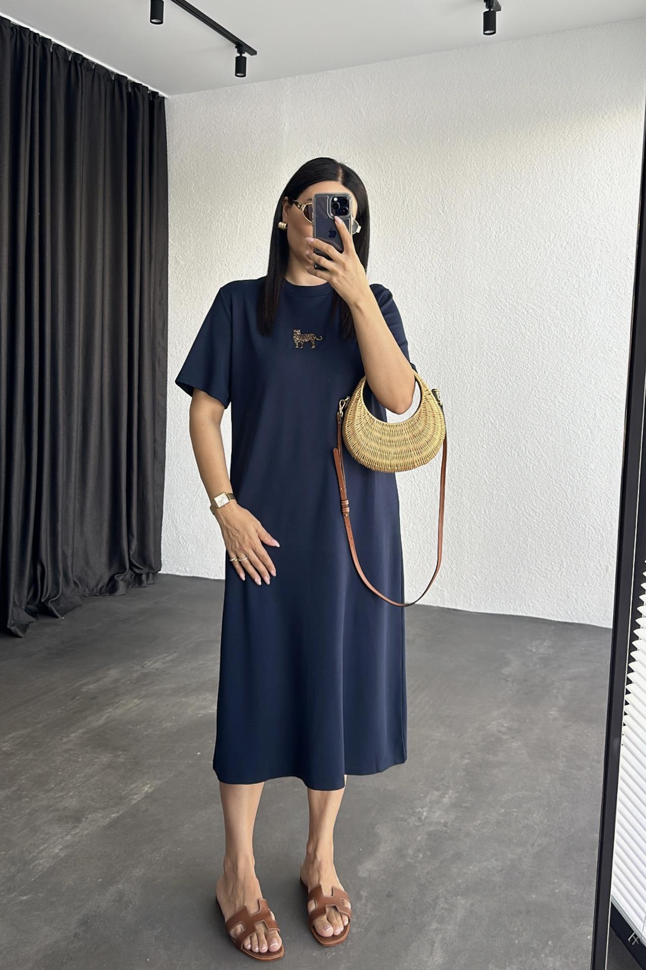 Lacivert Kaplan Nakışlı Basic Elbise 