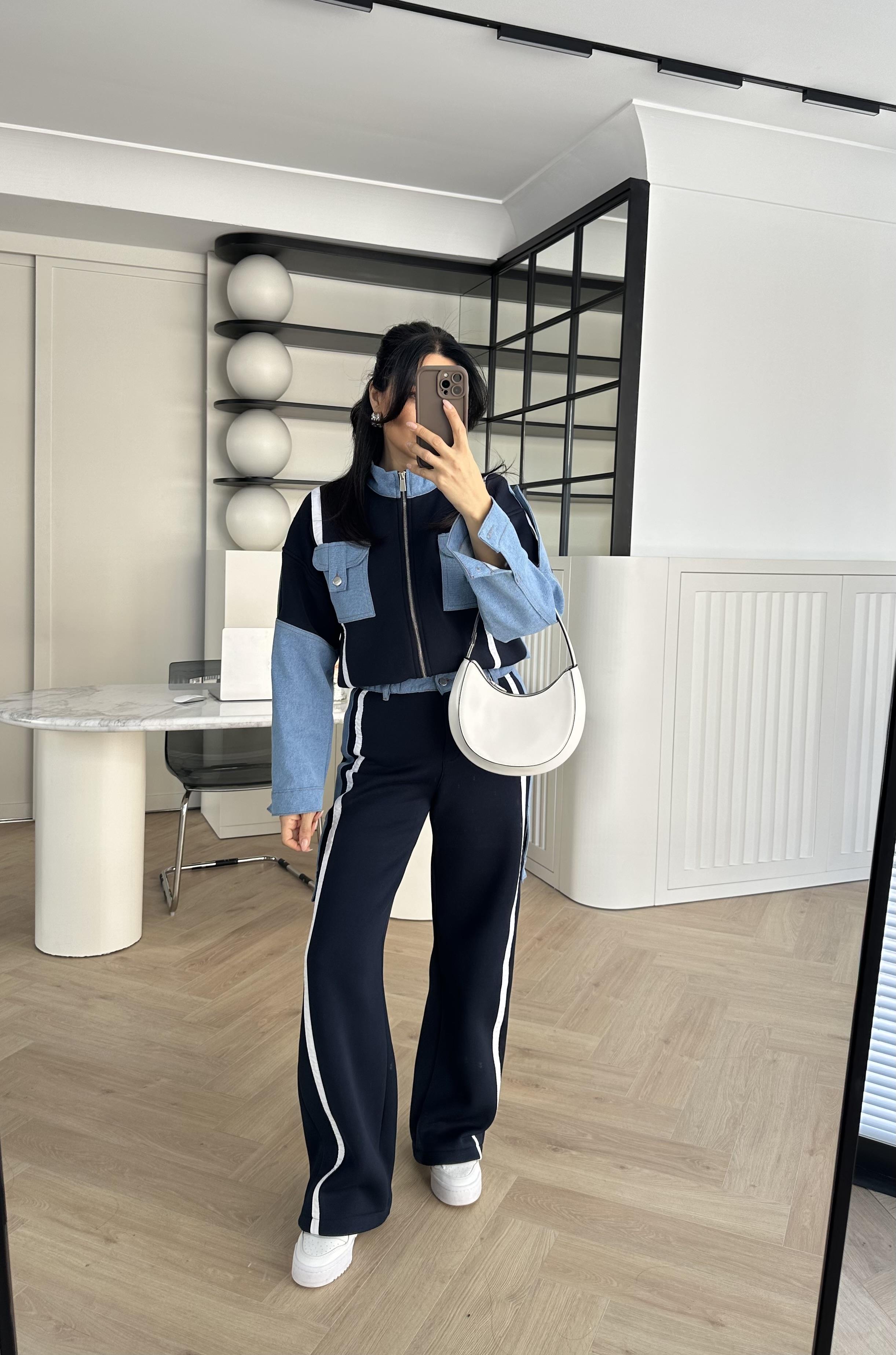 Lacivert Kargo Cepli Şeritli Denim Takım