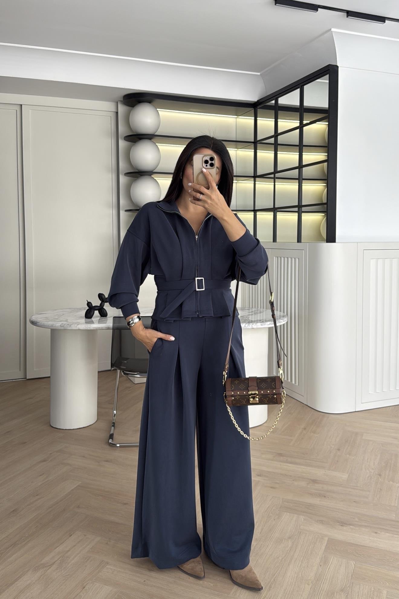 LACİVERT KEMER DETAYLI MODAL PANTOLON SWEAT TAKIM