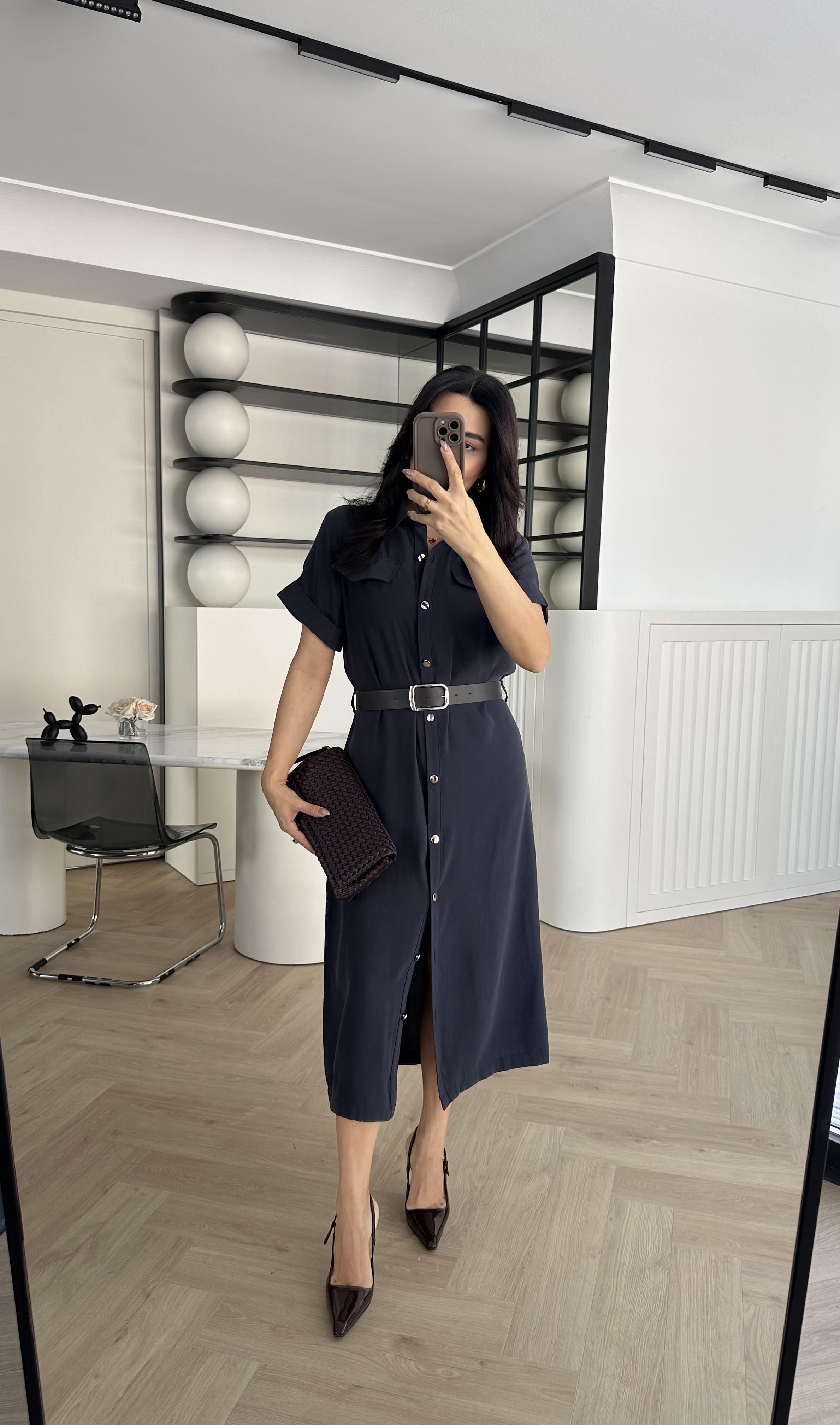 Lacivert Kemerli Tensel Kumaş Gömlek Elbise