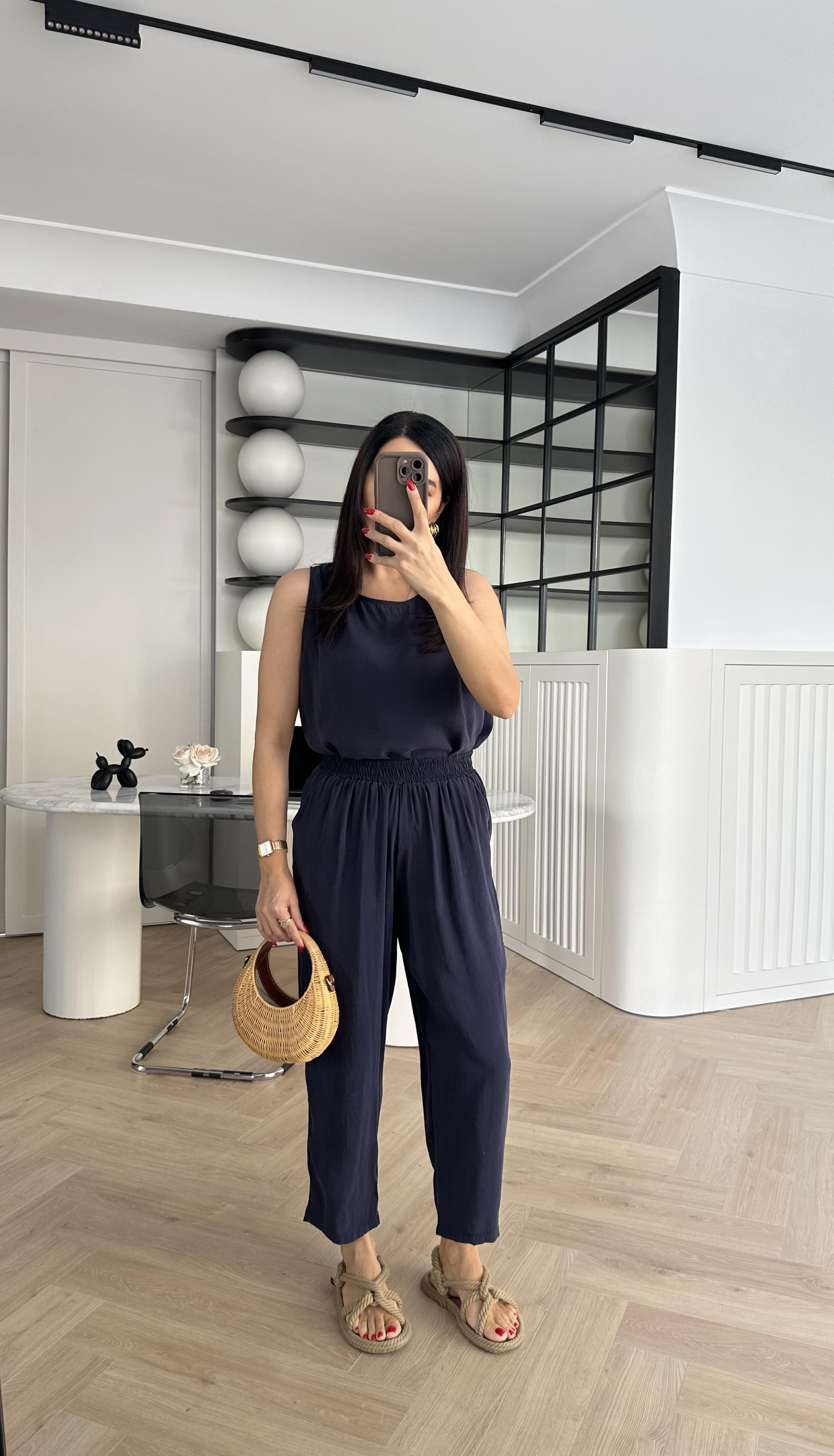 Lacivert Kolsuz Tensel Kumaş Bluz Pantolon Takım