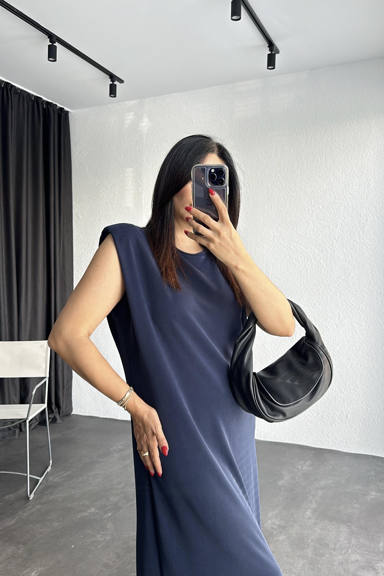 Lacivert Modal Kumaş Marka Etiketli Elbise 