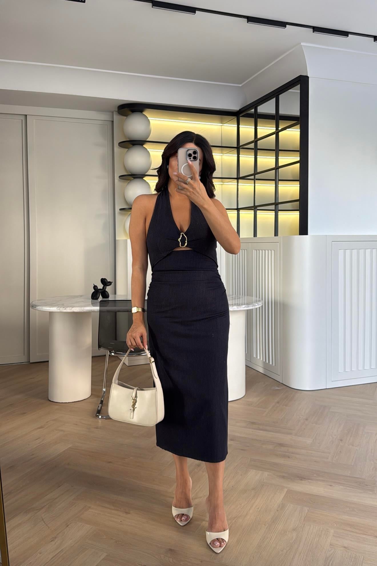 LACIVERT PENCERE DETAYLI DENIM ELBISE