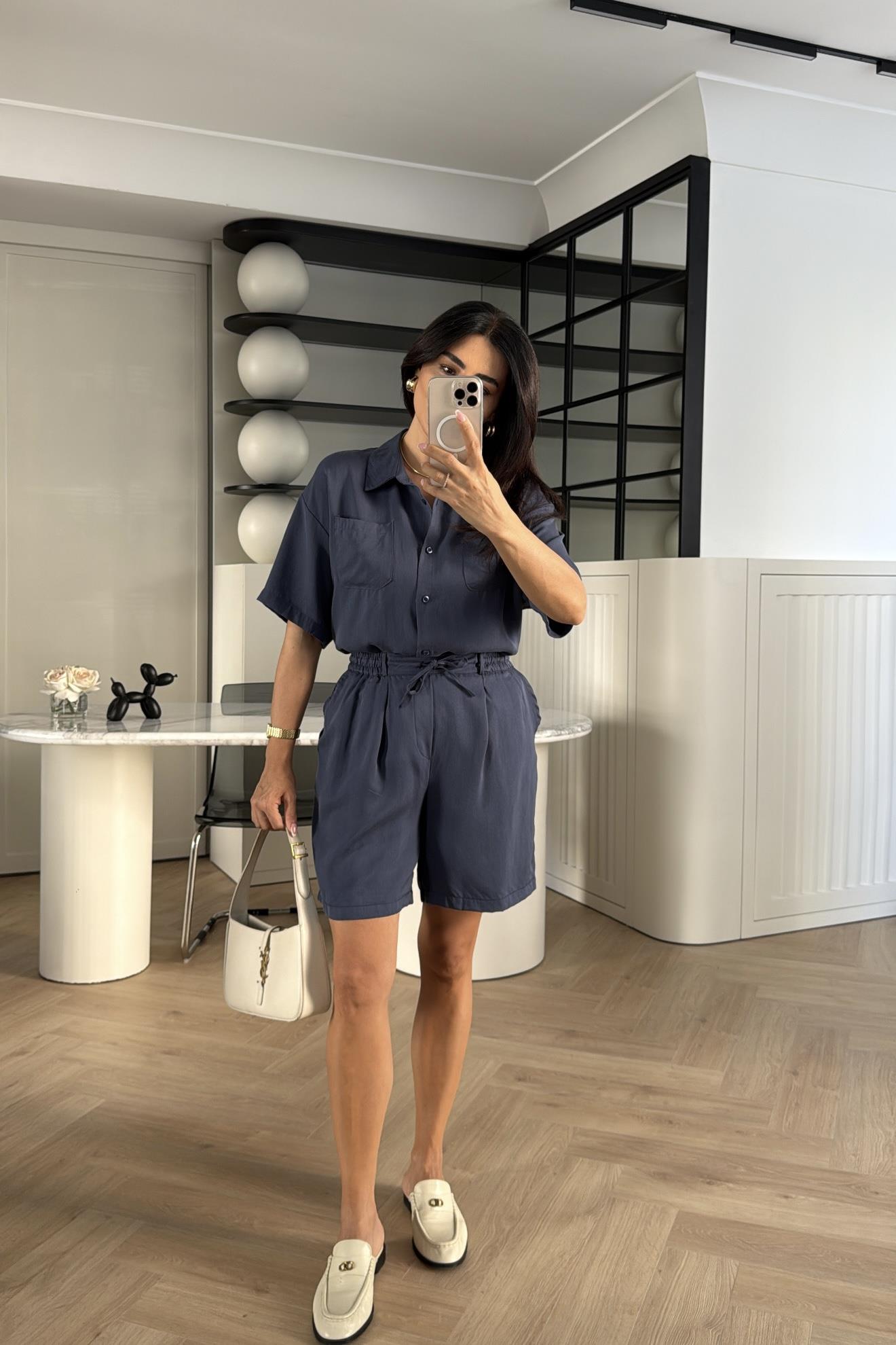 Lacivert Tensel Kumaş Massi Marka Şort Takım 