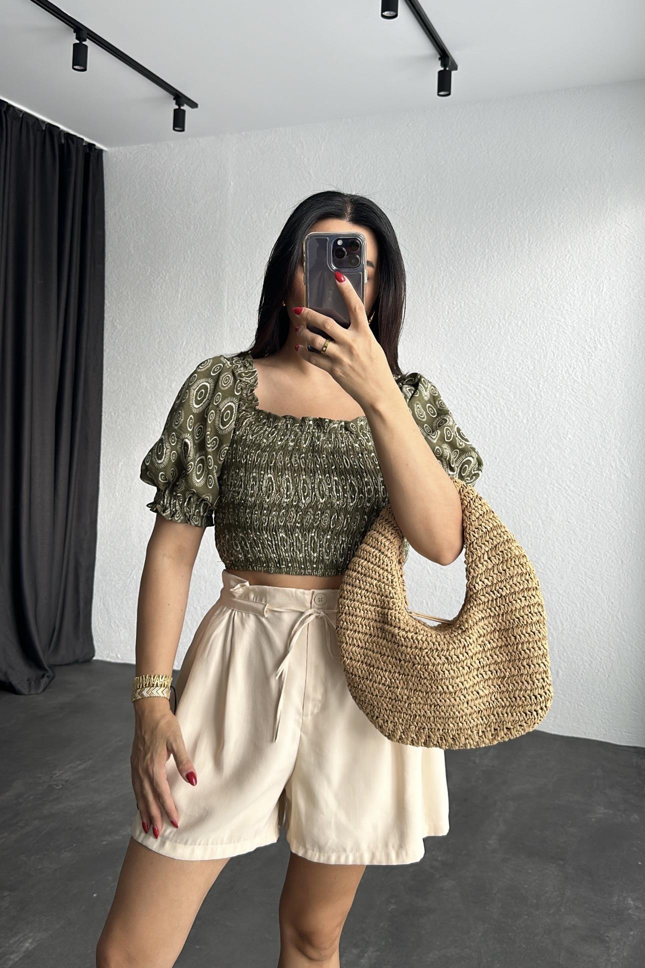 Lastikli Balon Kol Haki Renk Bluz