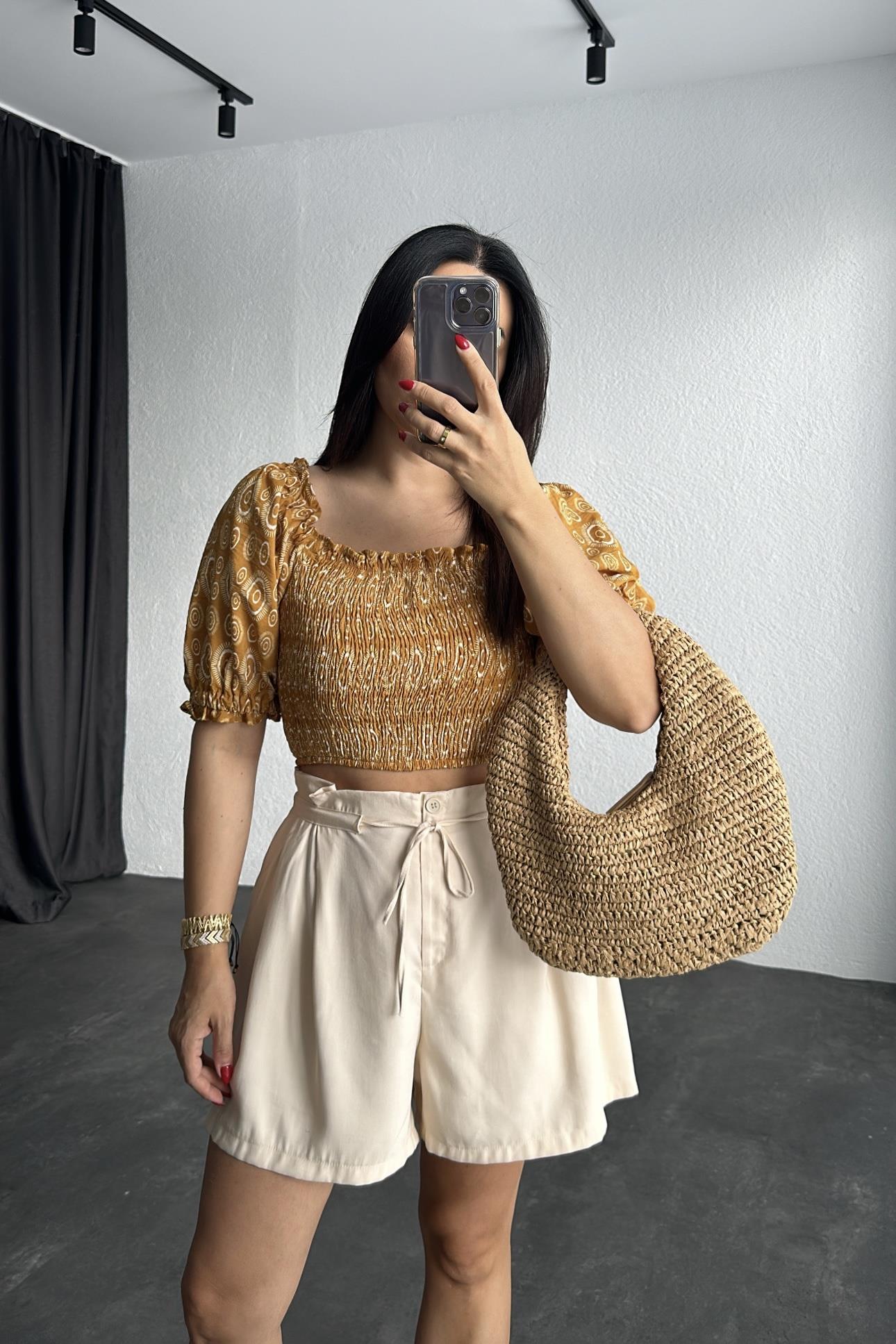 Lastikli Balon Kol Hardal Renk Bluz 