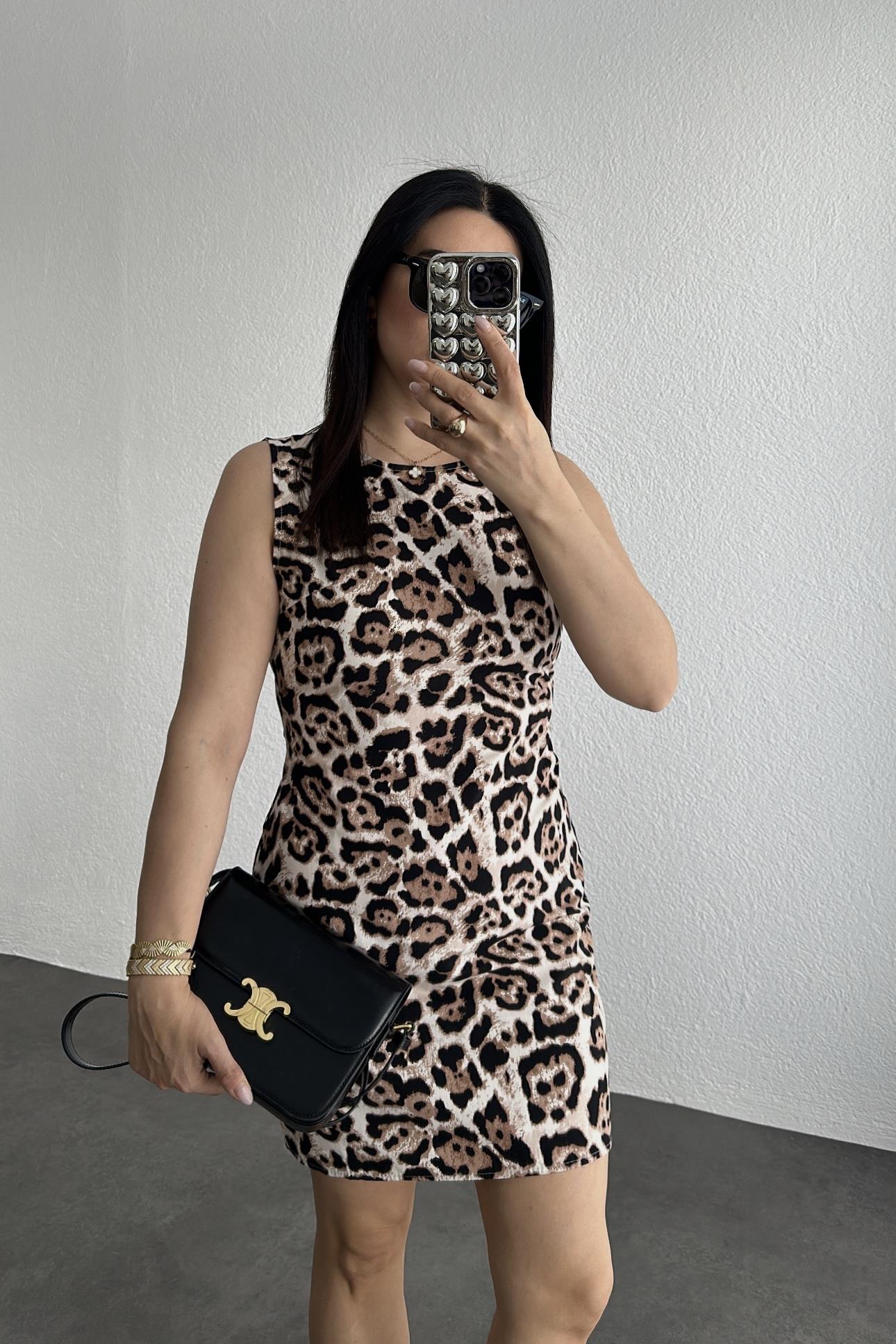 Leopar Desen Kolsuz Elbise